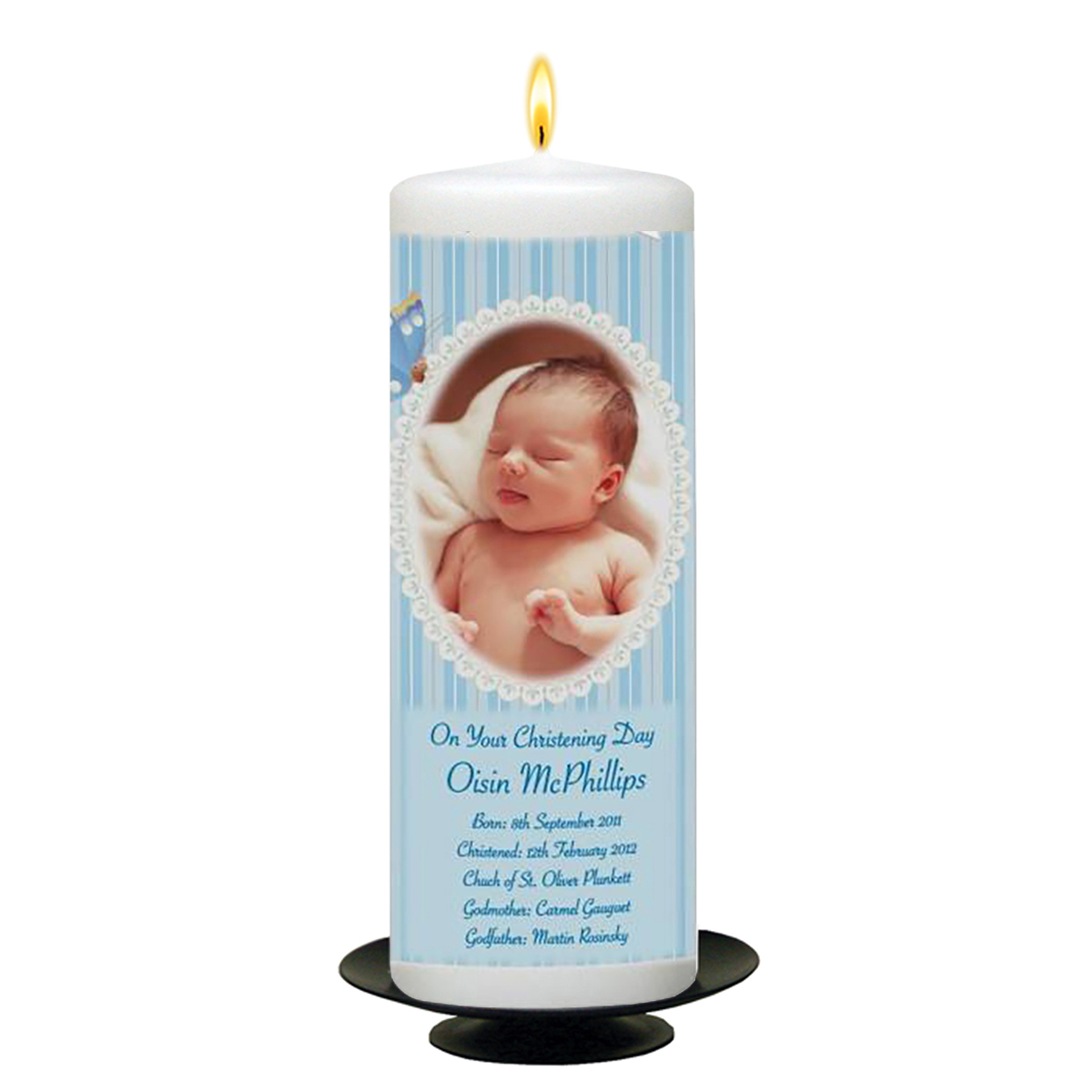 Customised Boys Christening Candle - Butterfly & Bow Blue with Photo