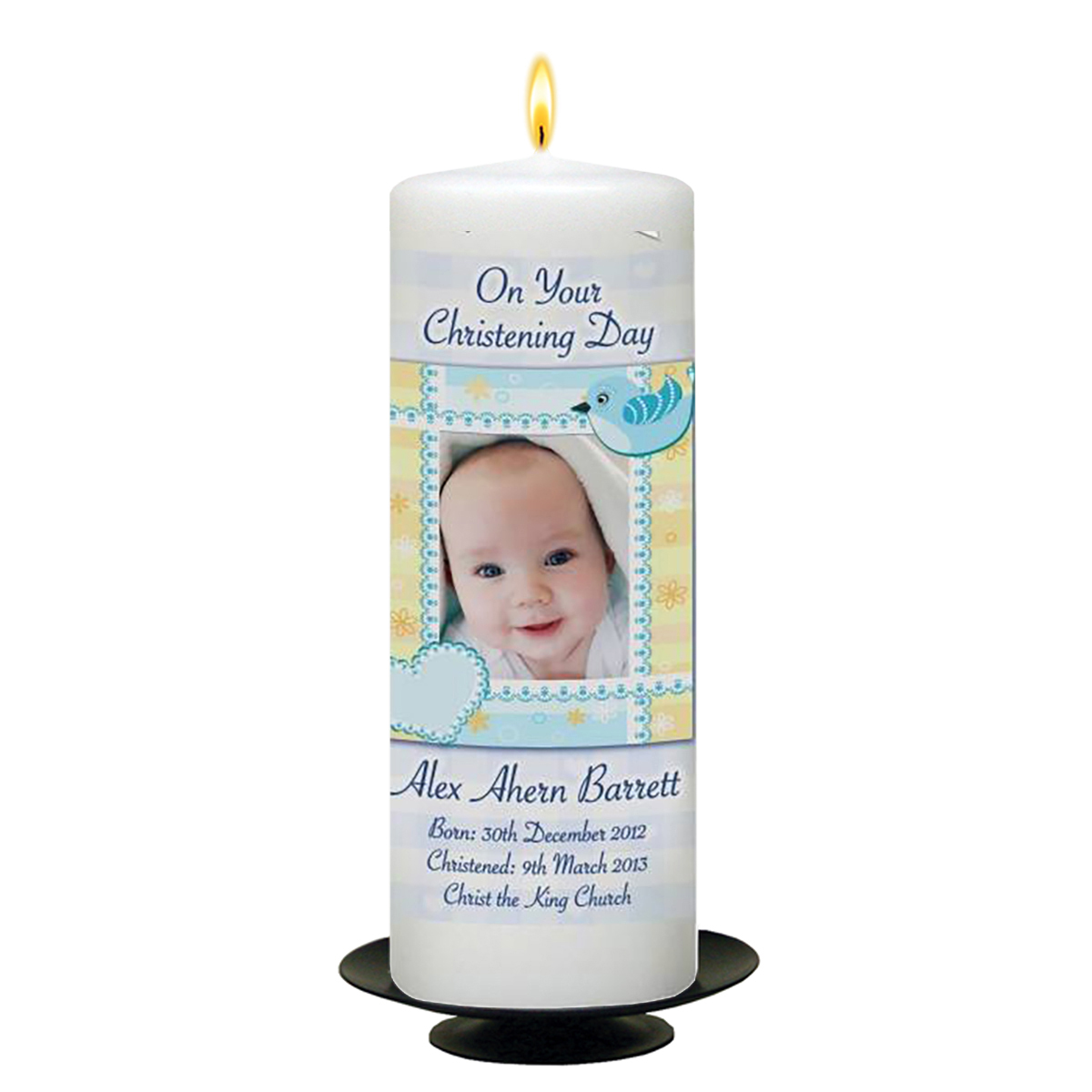 Customised Boys Christening Candle - Heart & Bird Blue with Photo