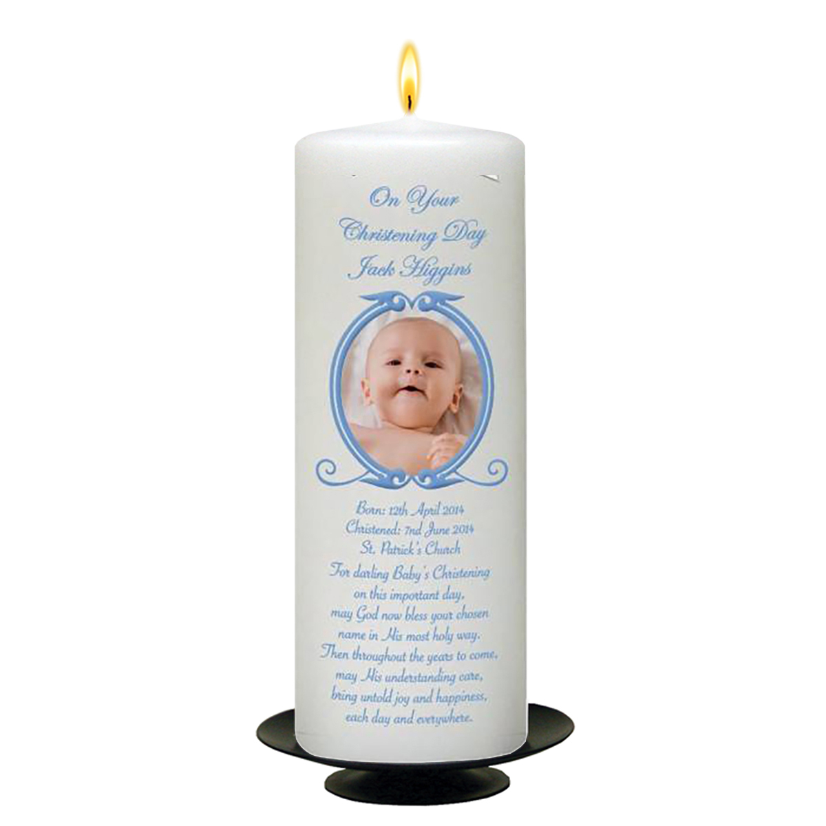 Customised Boys Christening Candle - Vintage Blue Frame with Photo
