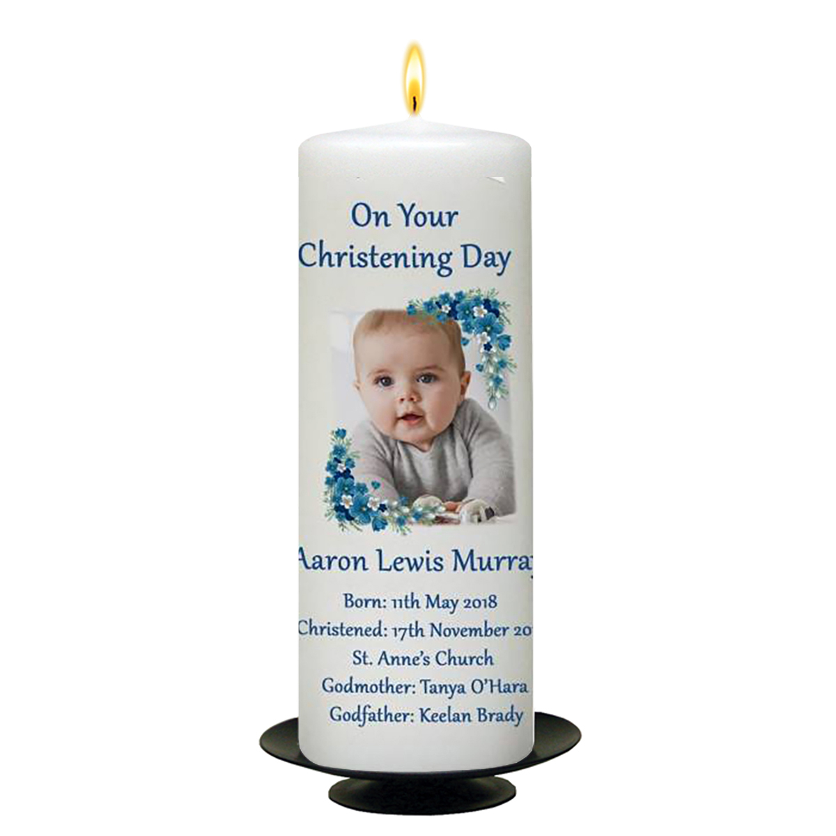 Peronsonalised Boys Christening Candle - A Pair of Blue Booties & Flower Border with Photo