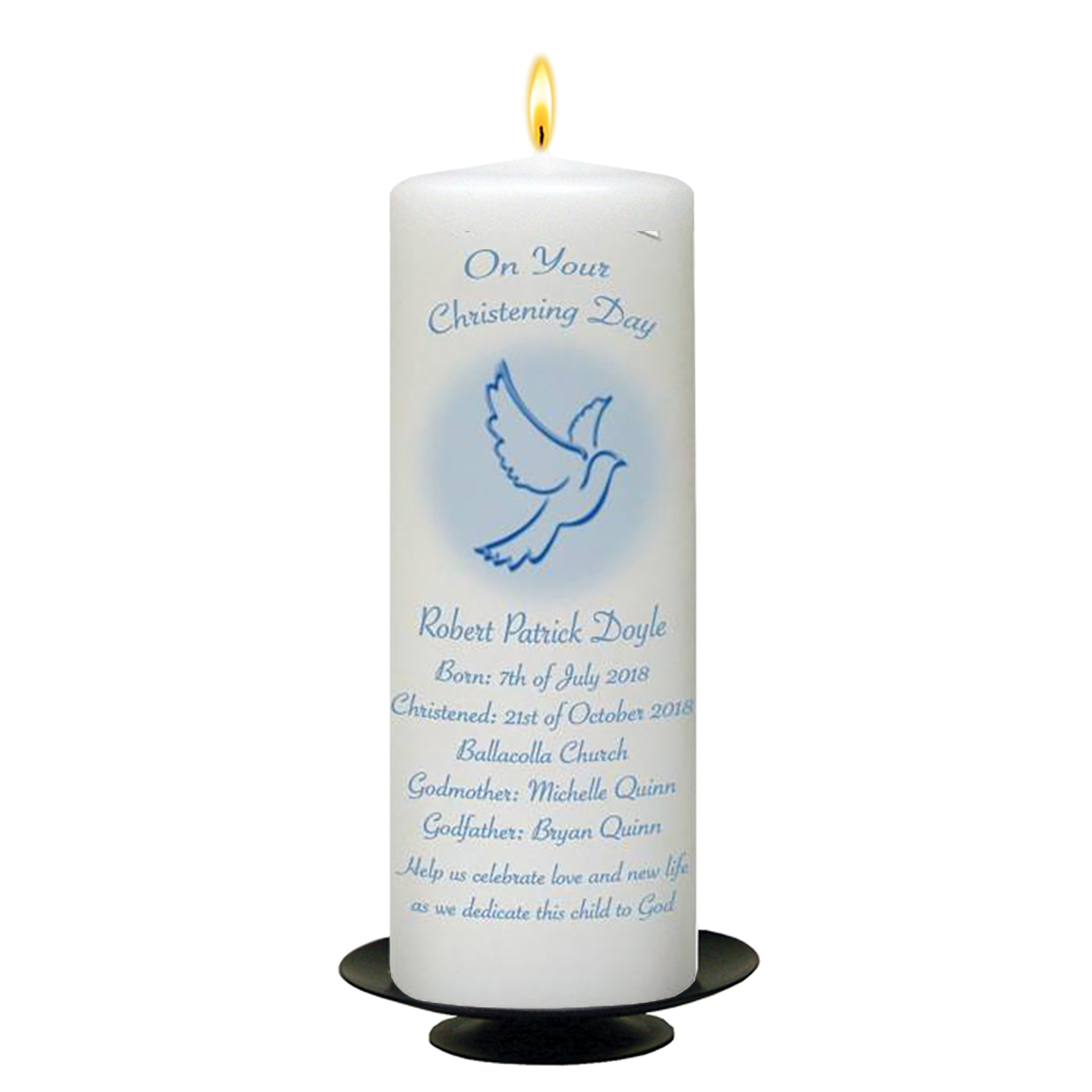 Customised Boys Christening Candle - Flying Dove Blue