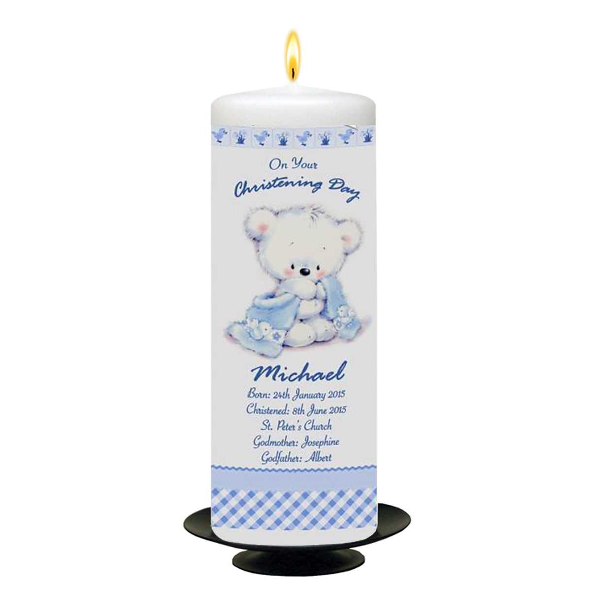 Customised Boys Christening Candle - Hush Teddy Blue