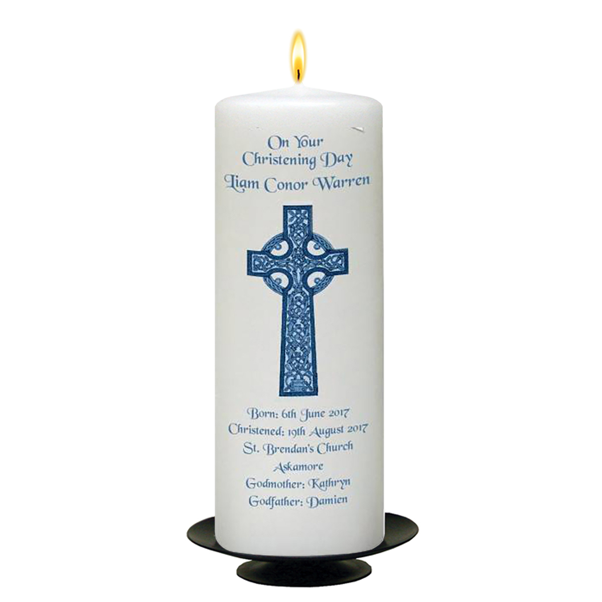 Customised Boys Christening Candle - Celtic Cross Blue