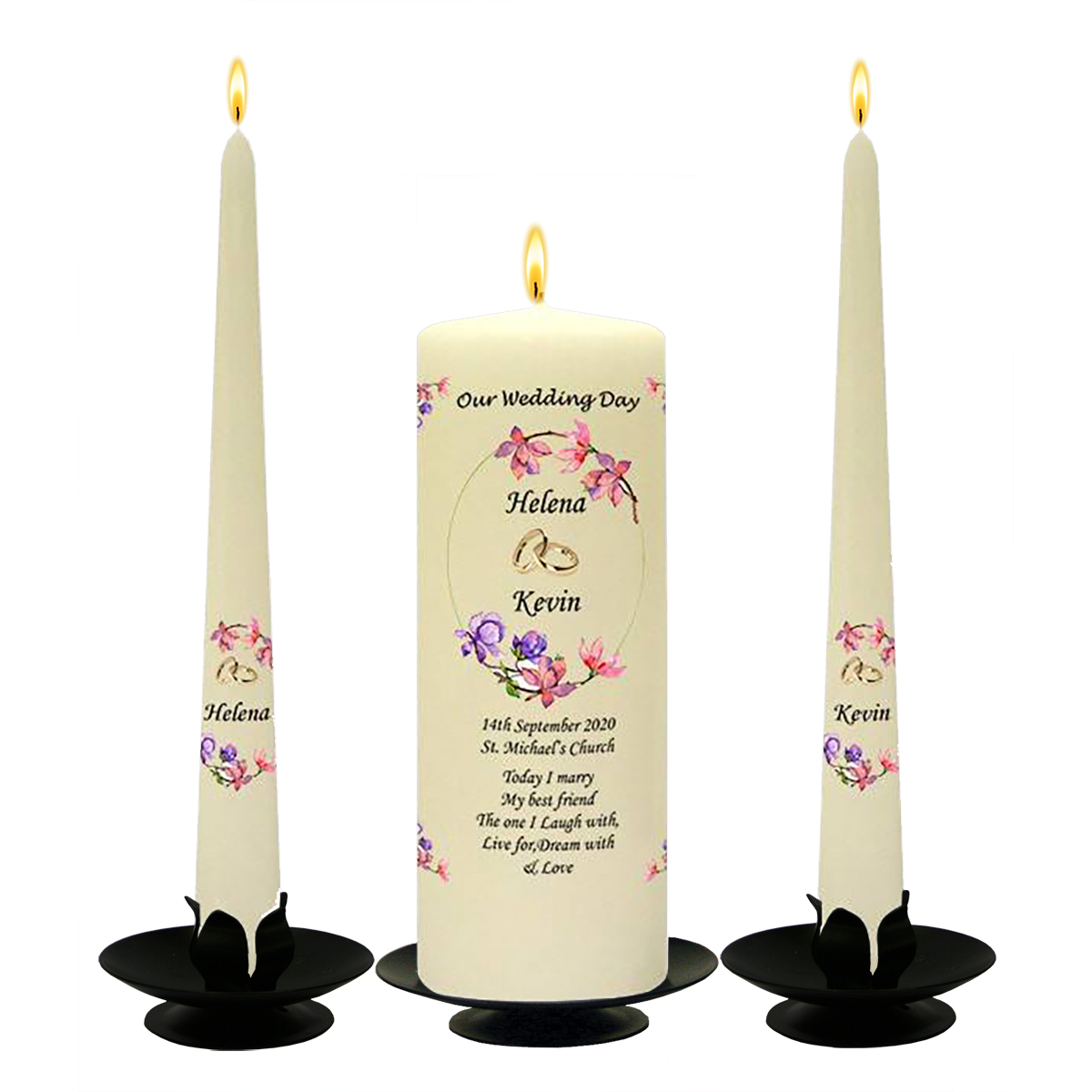 Customised Wedding Candles - Flower Oval & Gold Rings