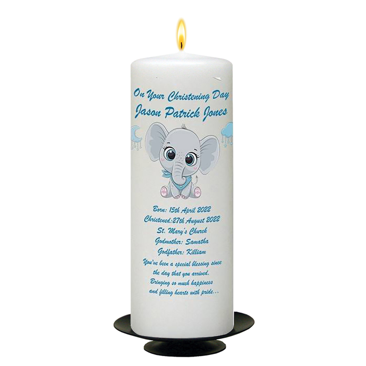 Peronsonalised Boys Christening Candle - Ellie Elephant & Clouds Blue