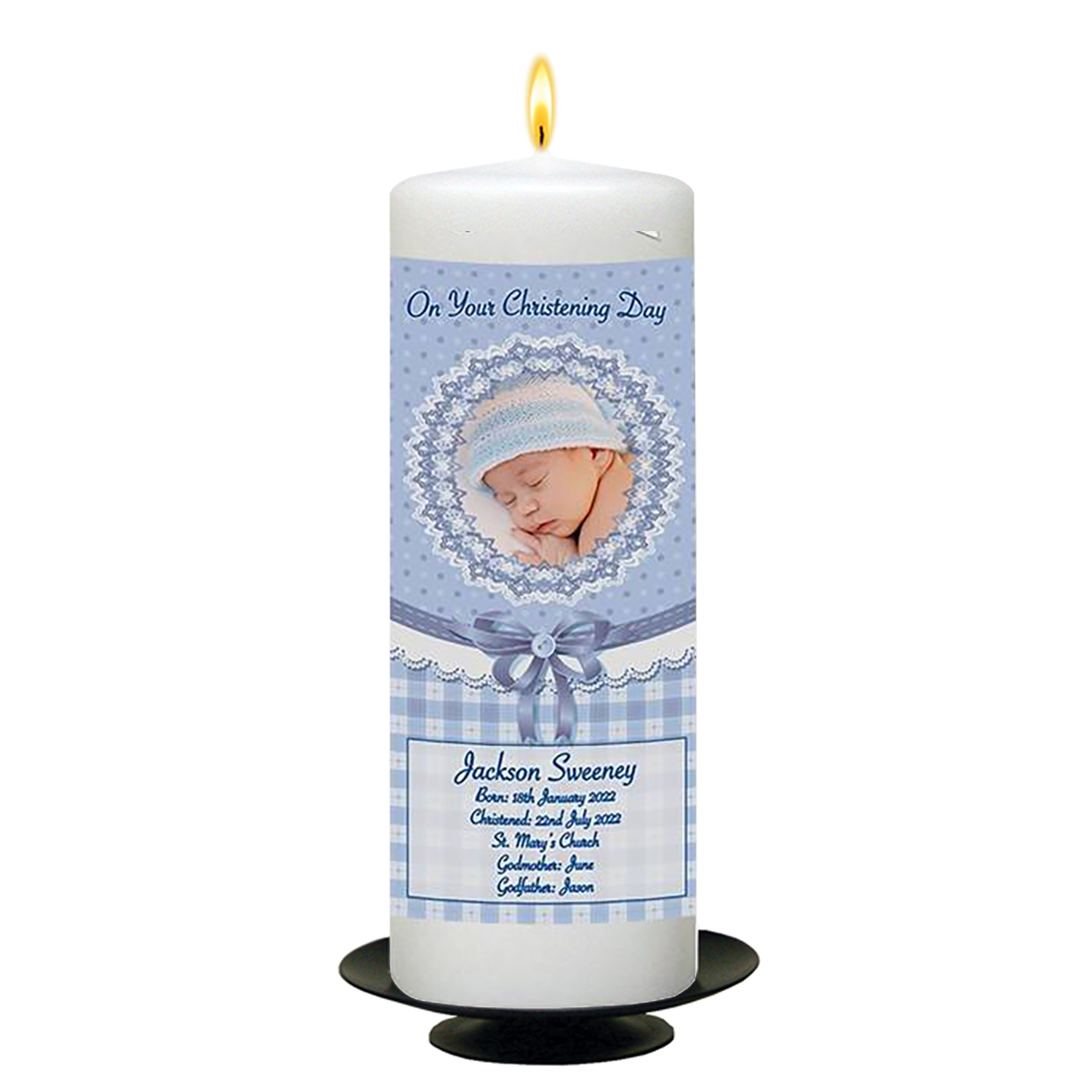 Peronsonalised Boys Christening Candle - Gingham & Blue Lace Ornate Frame with Photo