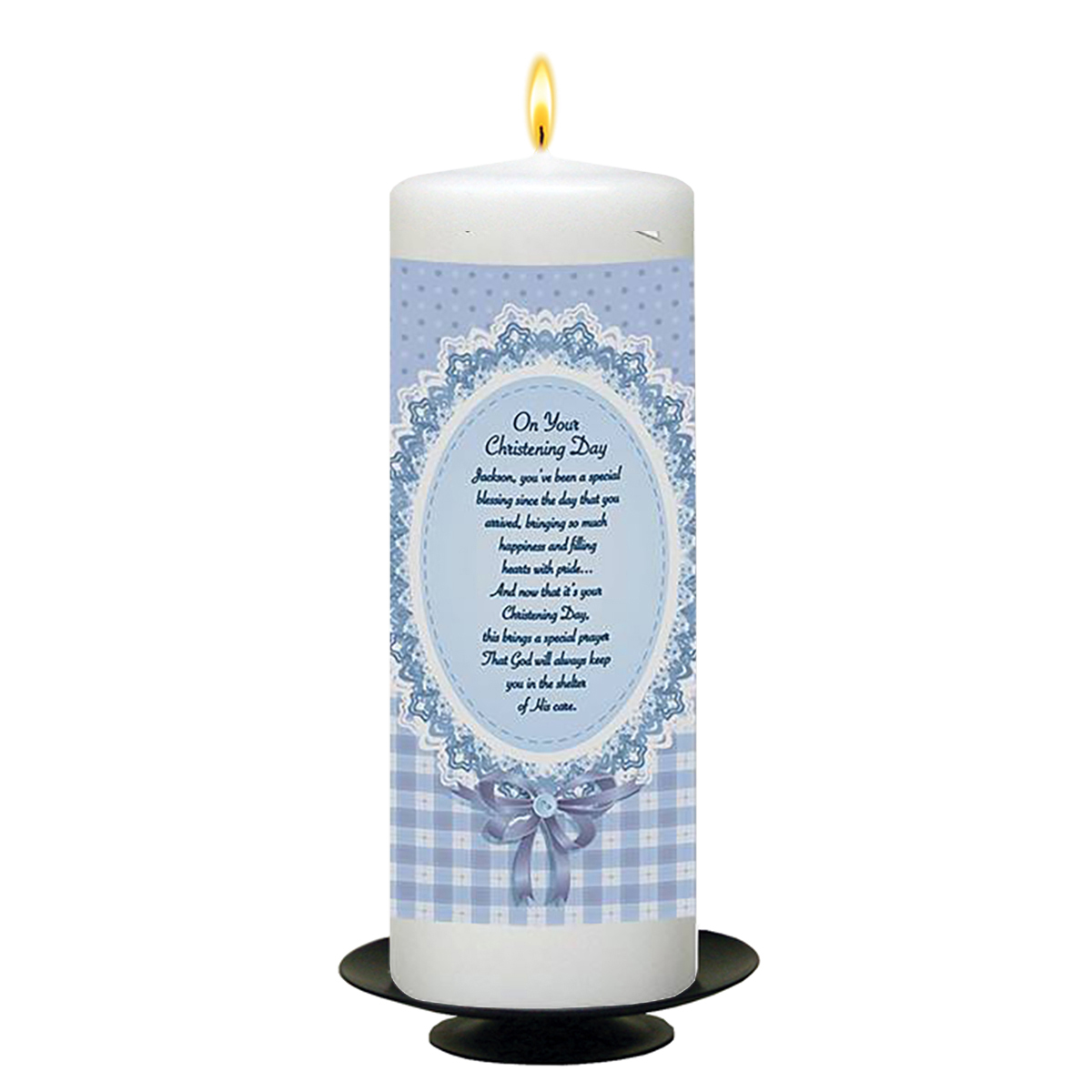 Peronsonalised Boys Christening Candle - Gingham & Blue Lace Ornate Frame with Photo