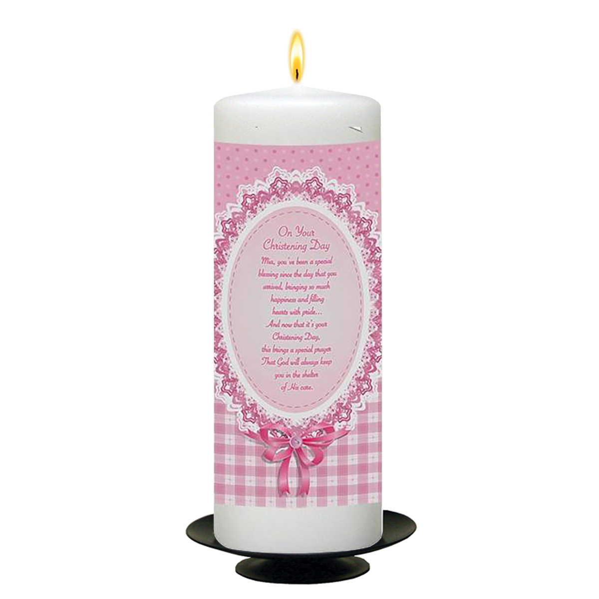 Customised Girls Christening Candle - Gingham & Pink Lace Ornate Frame with Photo