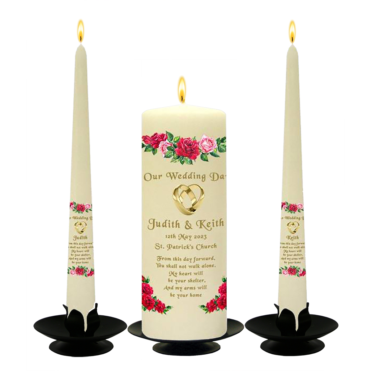 Customised Wedding Candles - Roses & Gold Rings