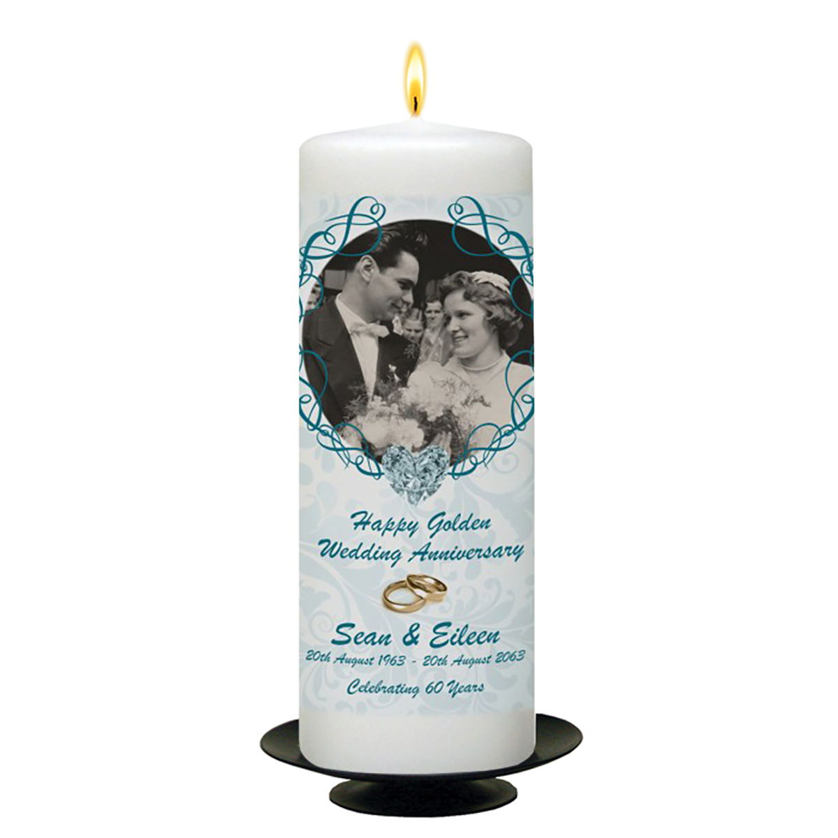 Customised Wedding Anniversary Candle Gift - 60th (Diamond) Anniversary - Love Heart Gem & Photo