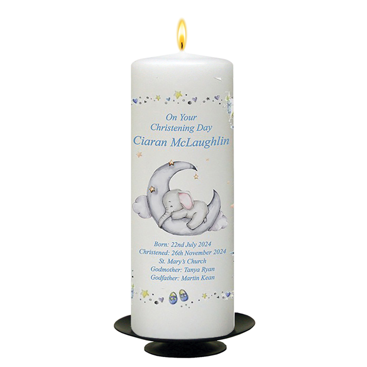 Peronsonalised Boys Christening Candle - Ellie Elephant
