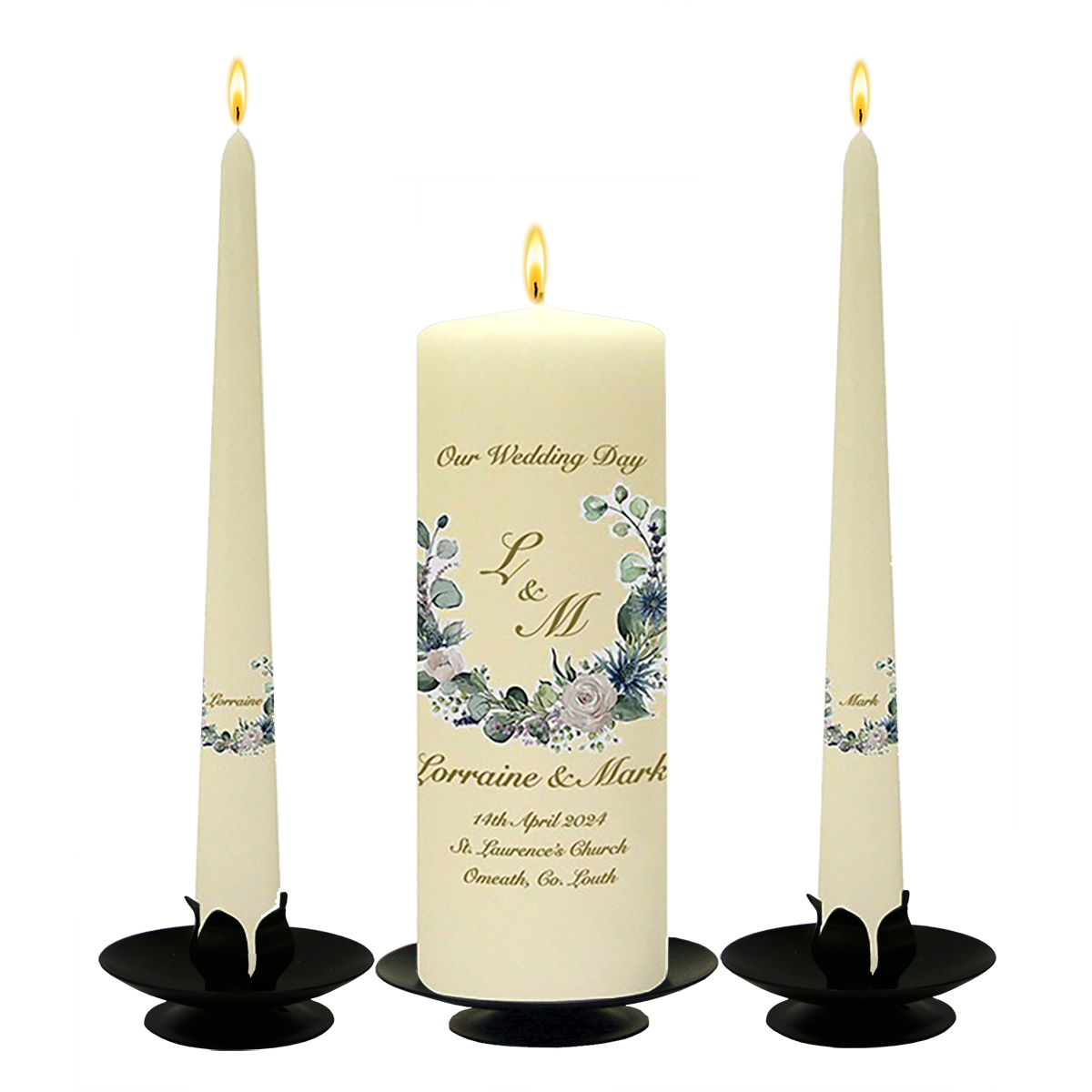 Customised Wedding Candles - Green & White Flower Circle Gold Script