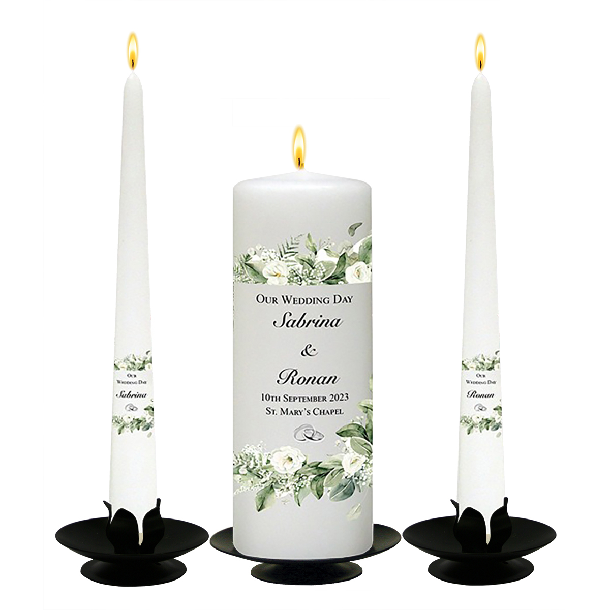 Customised Wedding Candles - Green & White Flower Corner Silver Rings