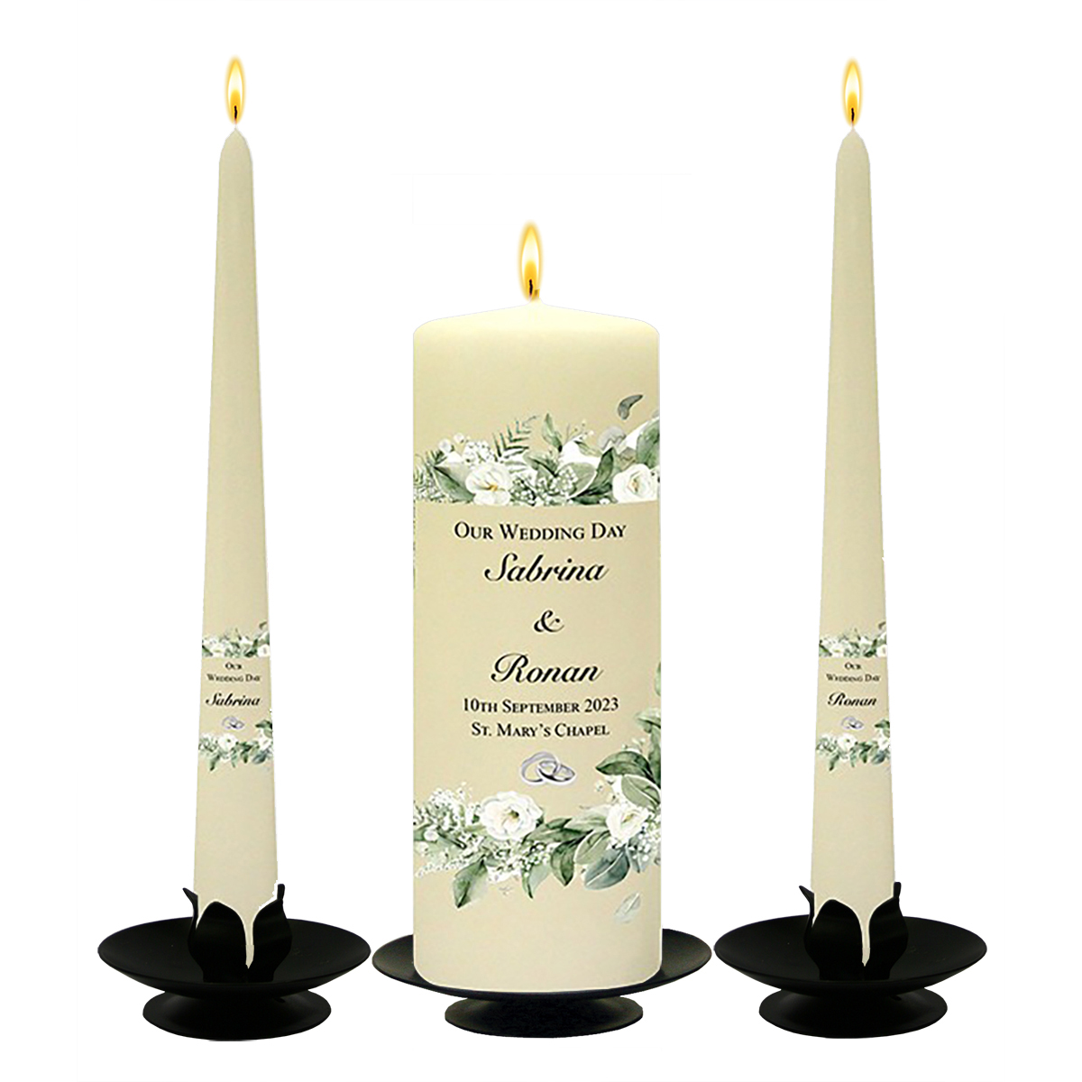 Customised Wedding Candles - Green & White Flower Corner Silver Rings