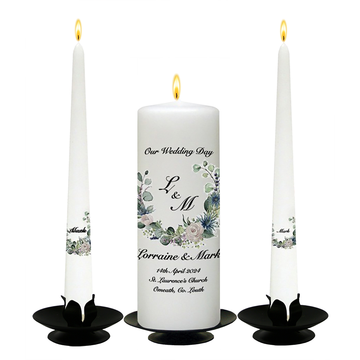 Customised Wedding Candles - Green & White Flower Circle Black Script