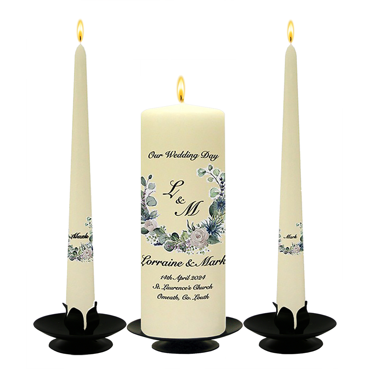 Customised Wedding Candles - Green & White Flower Circle Black Script