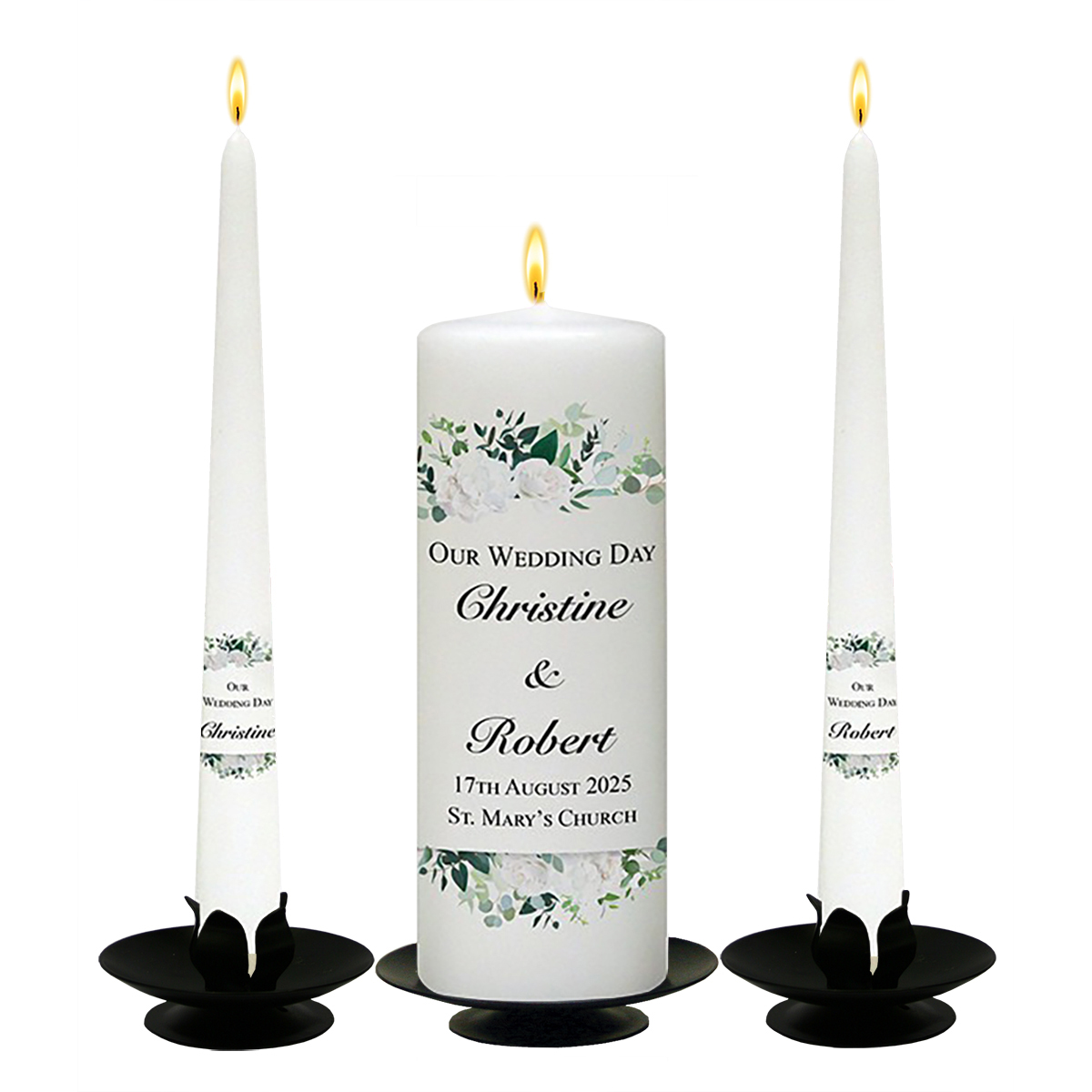 Customised Wedding Candles - Top & Tail Green & White Flowers Black Script