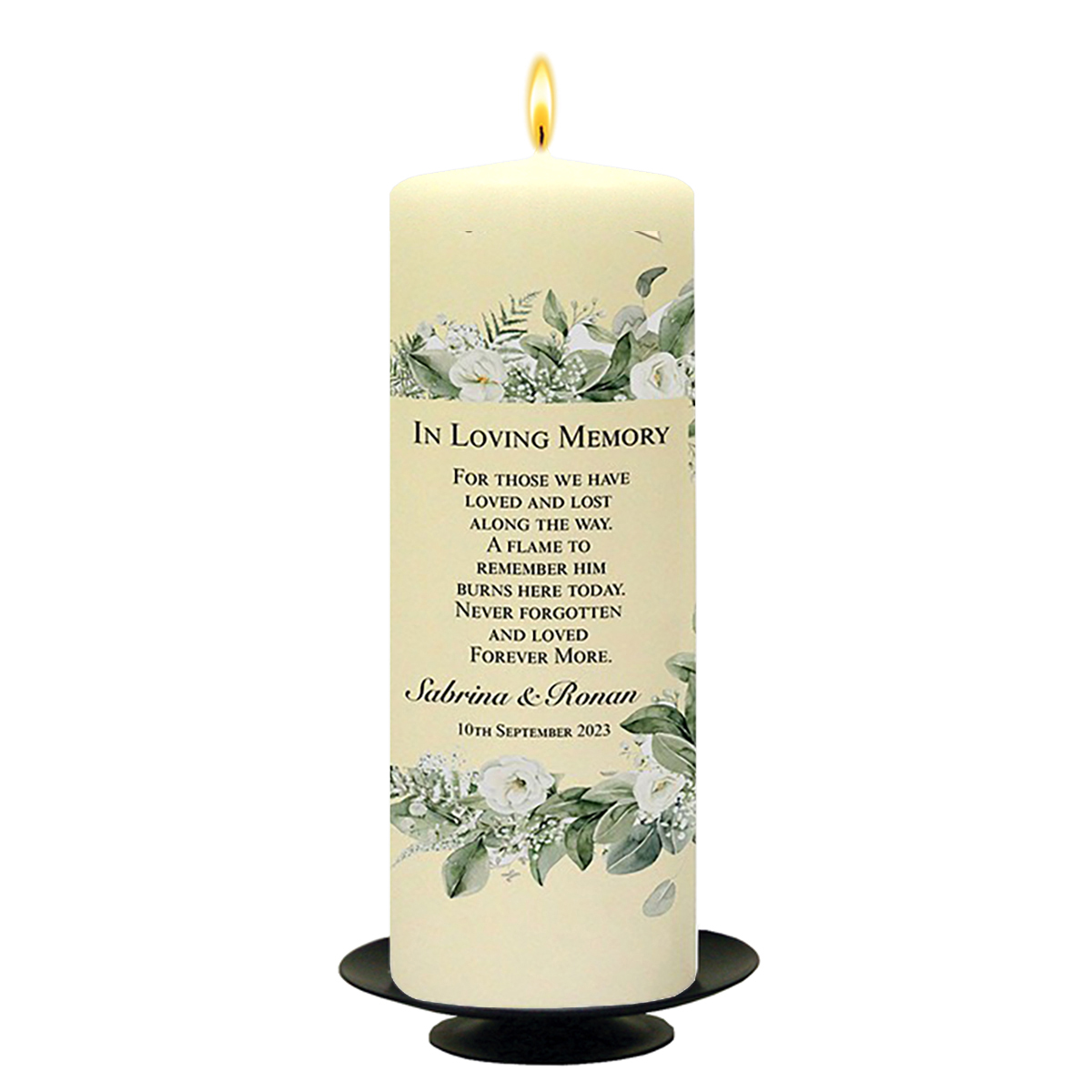 Customised Wedding Remembrance Candle - Green & White Flower Corner Black Script on Ivory