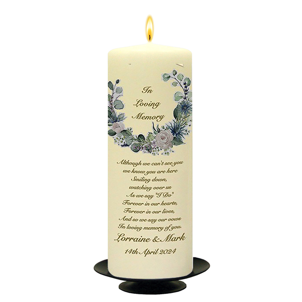 Customised Wedding Remembrance Candle - Green & White Flower Circle Gold Script