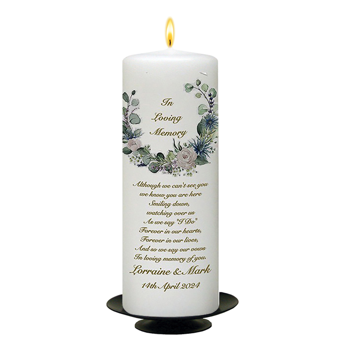 Customised Wedding Remembrance Candle - Green & White Flower Circle Gold Script