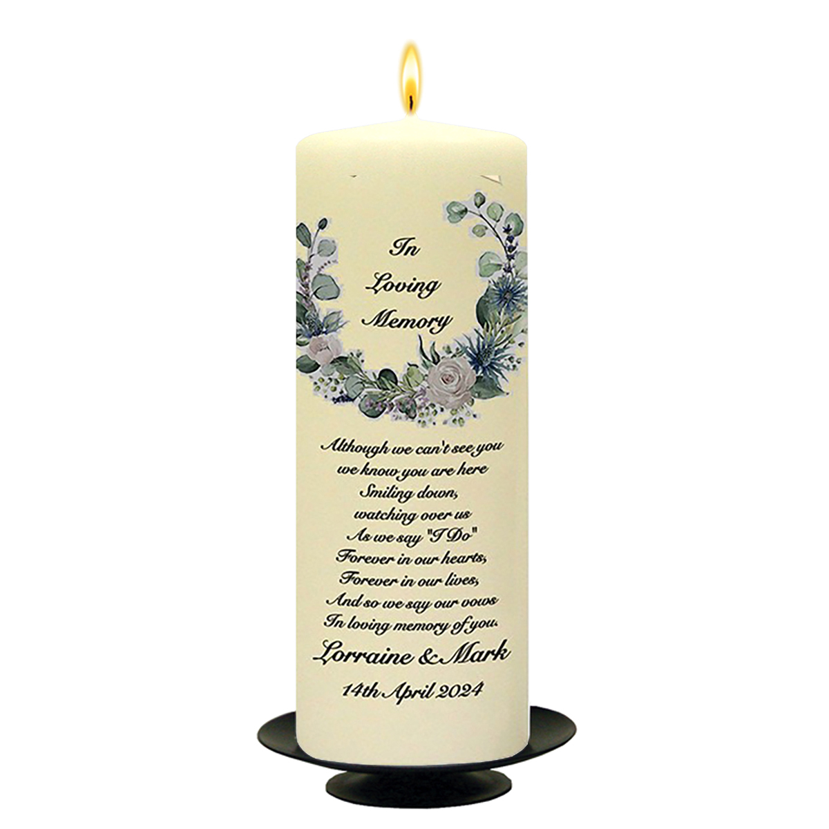 Customised Wedding Remembrance Candle - Green & White Flower Circle Black Script