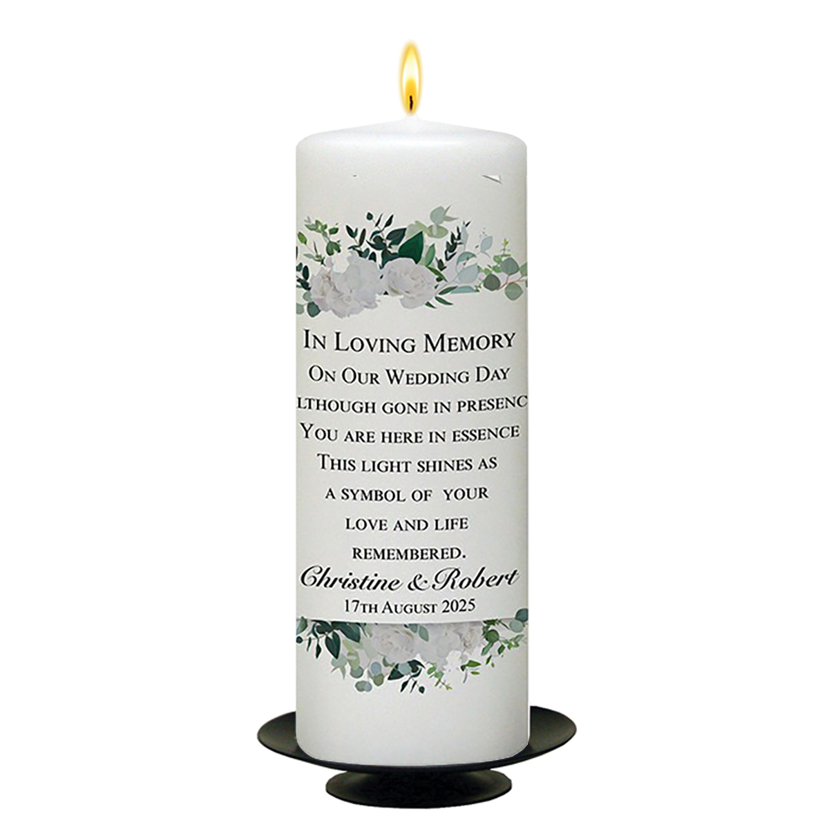 Customised Wedding Remembrance Candle - Top & Tail Green & White Flowers Silver