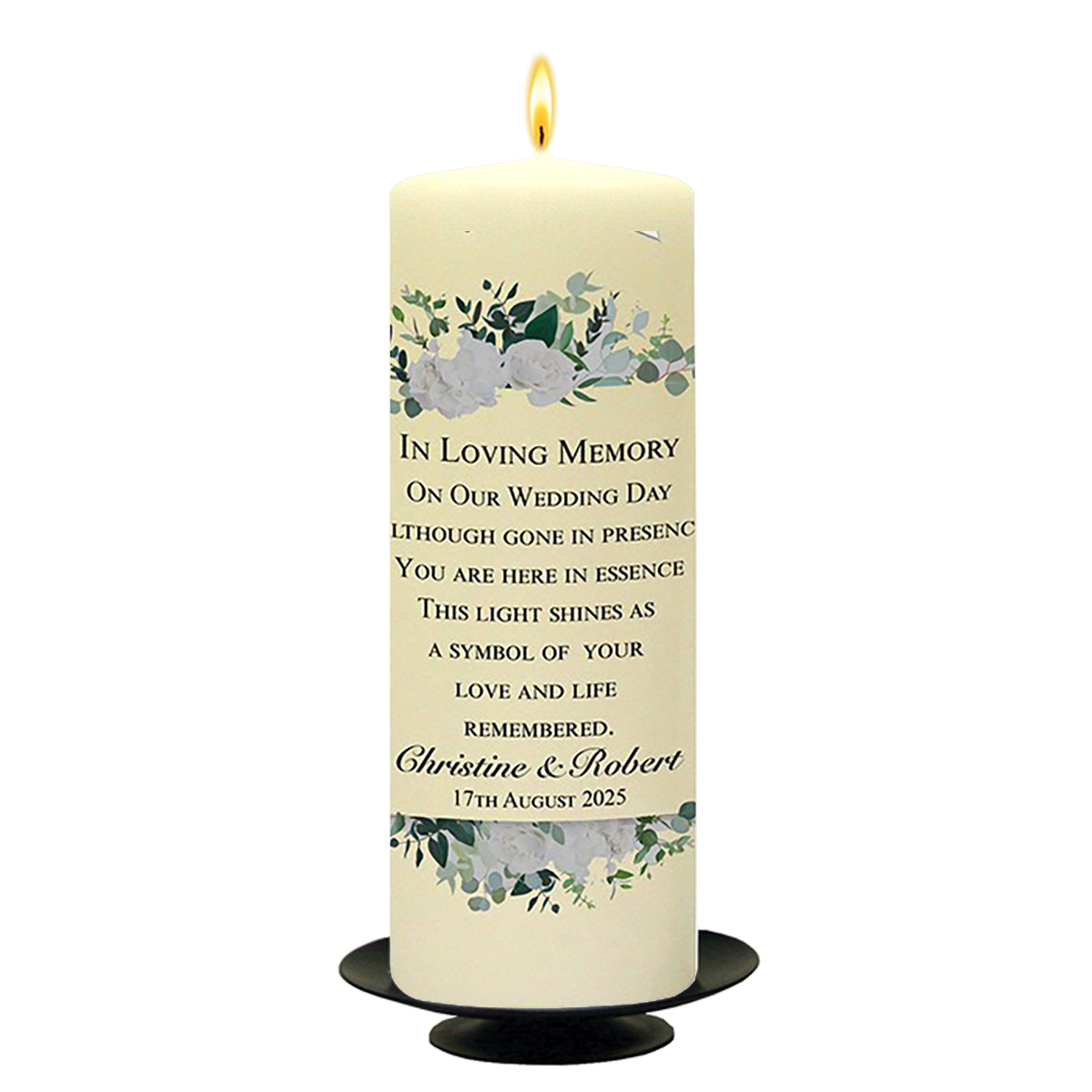 Customised Wedding Remembrance Candle - Top & Tail Green & White Flowers Silver