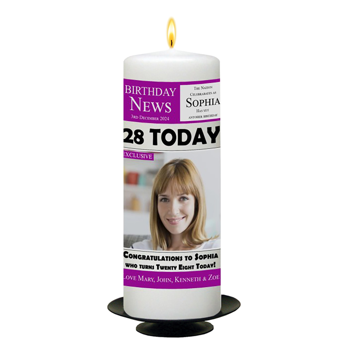 Customised Birthday Candle - Purple Newpaper with photo