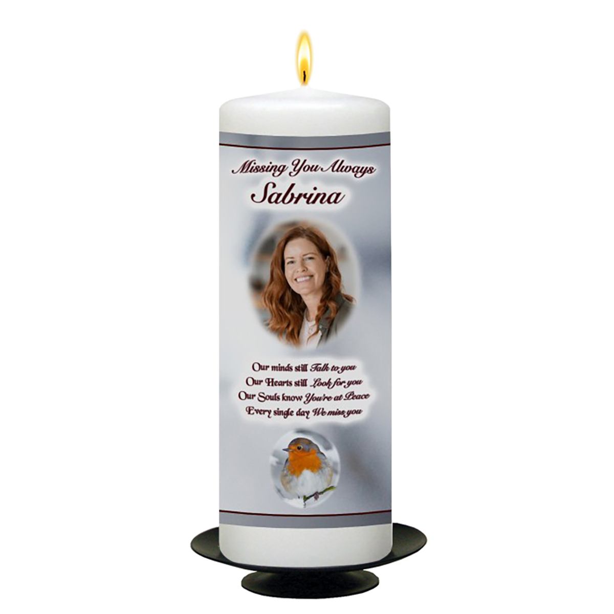 Customised Christmas Remembrance Candle - Robin & Snow with Photo