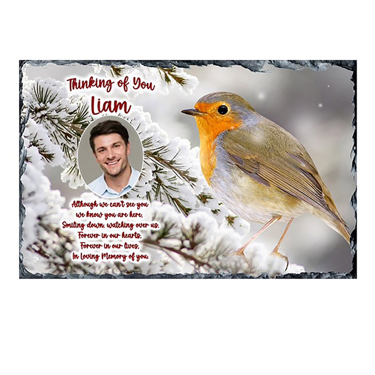 Customised Christmas Remembrance Slate - Robin & Snow Branches with Photo