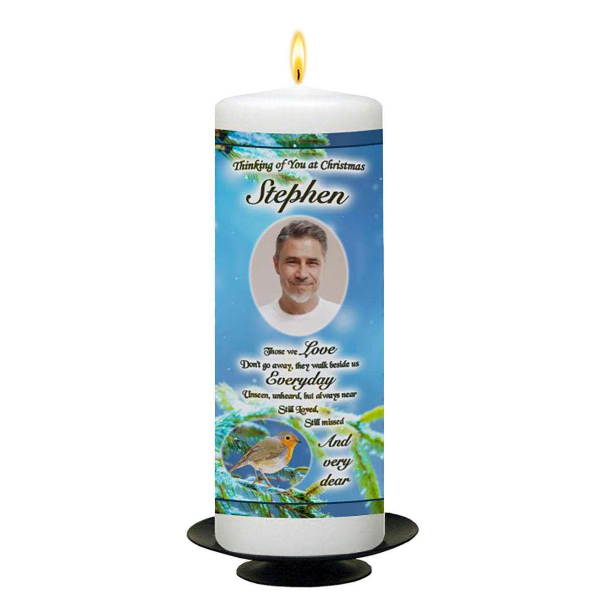 Customised Christmas Remembrance Candle - Robin & Blue Branches with Photo