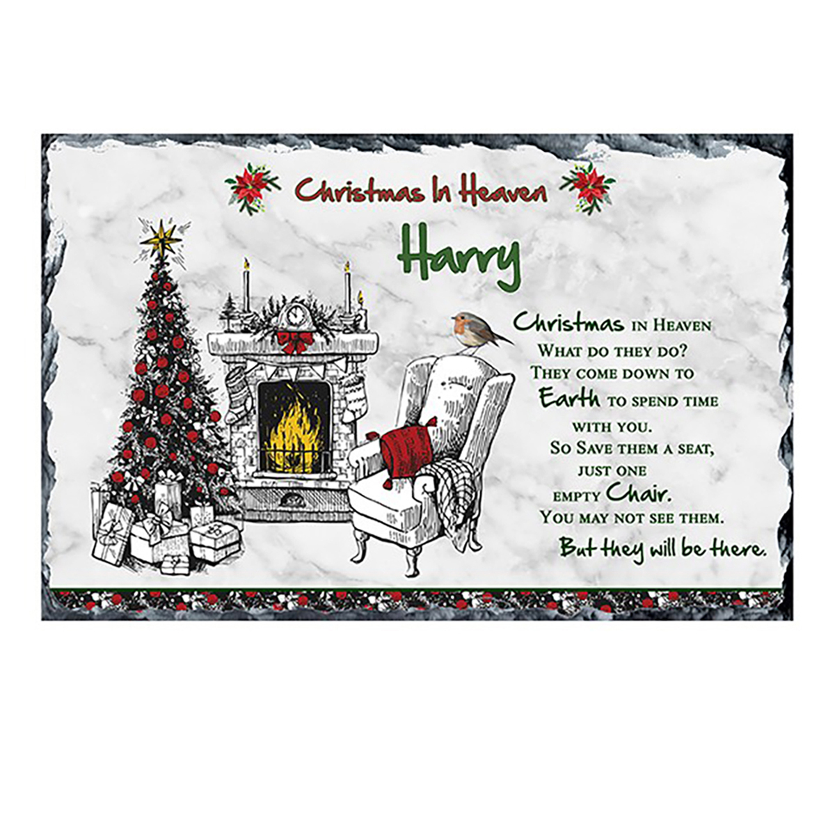 Customised Christmas Remembrance Slate - Christmas in Heaven Robin & Poinsettia