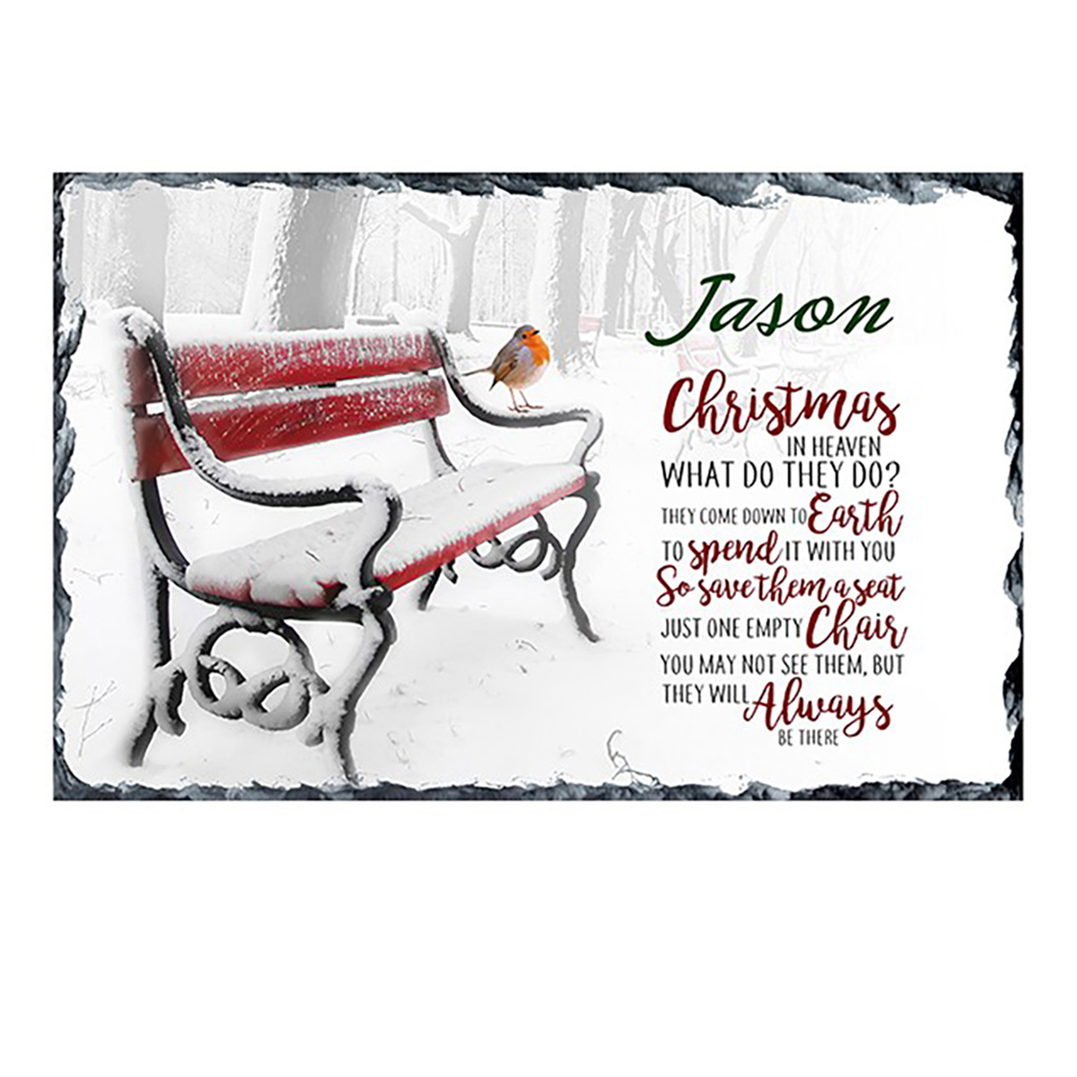 Customised Christmas Remembrance Slate - Christmas in Heaven Robin & Park Bench