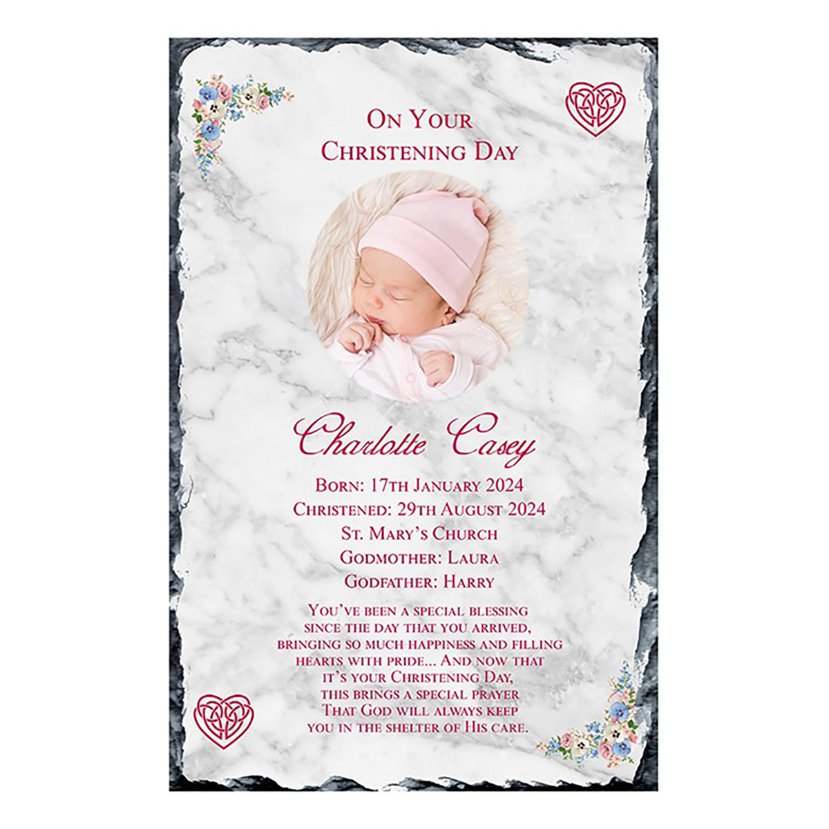 Customised Girl Christening Slate Gift - Mothers love knot Pink Flowers with Photo