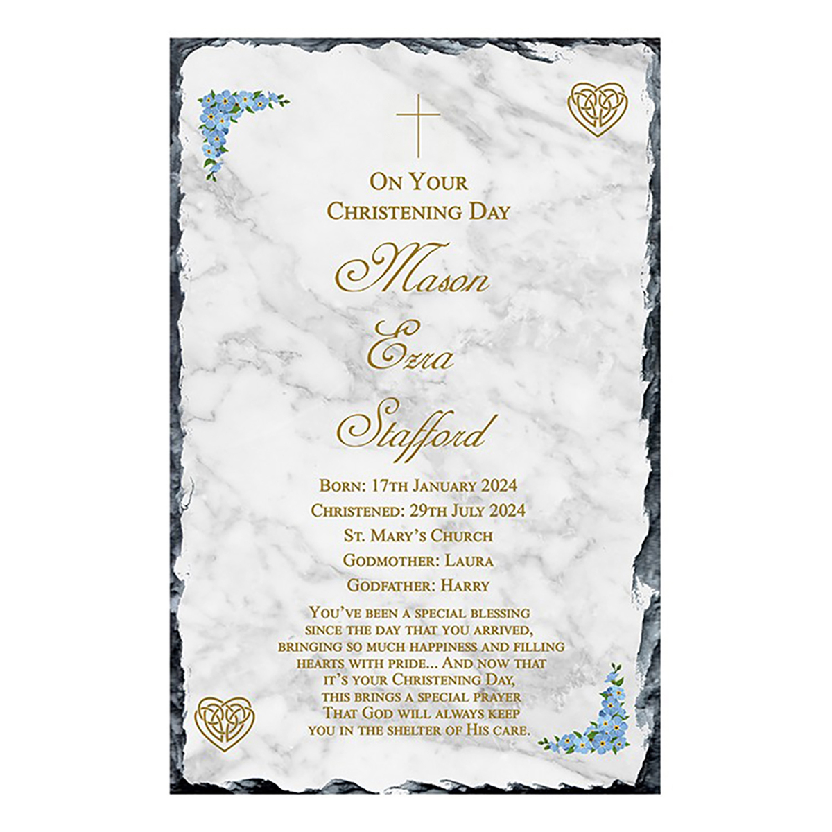 Customised Boy Christening Slate Gift - Mothers love knot Blue Flowers