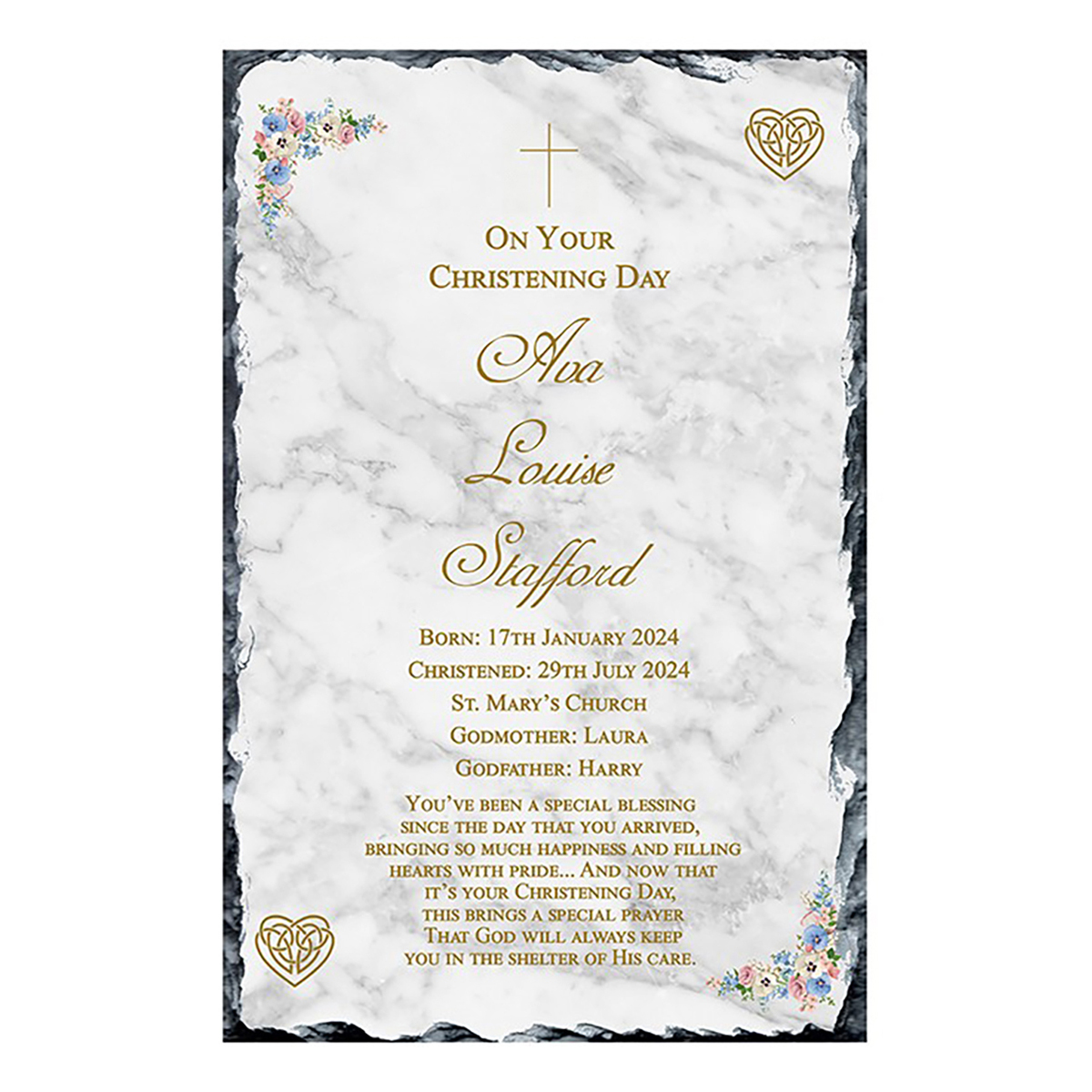 Customised Girl Christening Slate Gift - Mothers love knot Pink Flowers