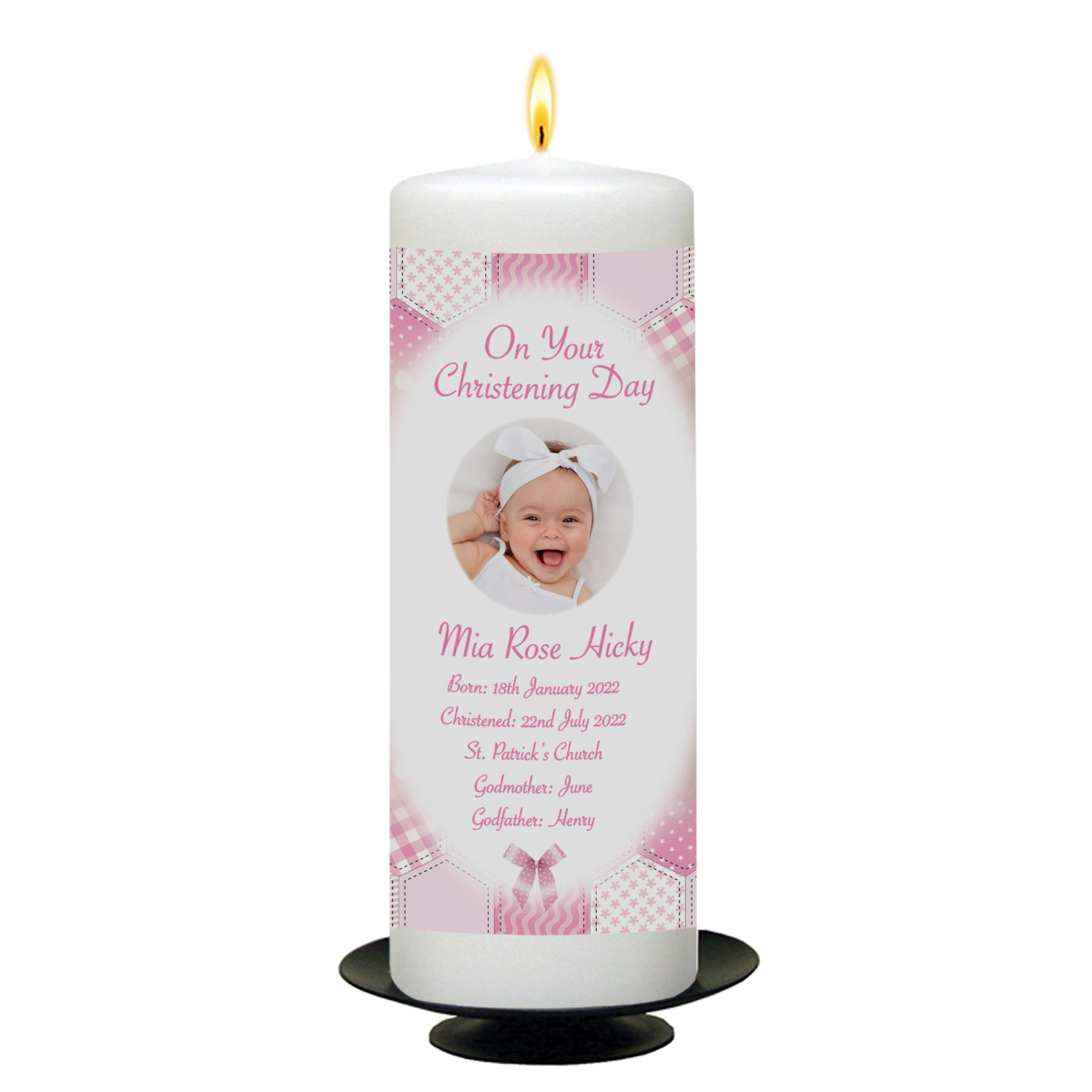 Customised Girls Christening Candle - Dots & Ribbons Girl with Photo