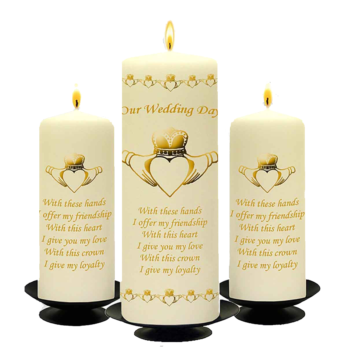Customised Wedding Candles - Claddagh heart Gold Set (1 x 9 inch & 2 x 6 inch Candles)