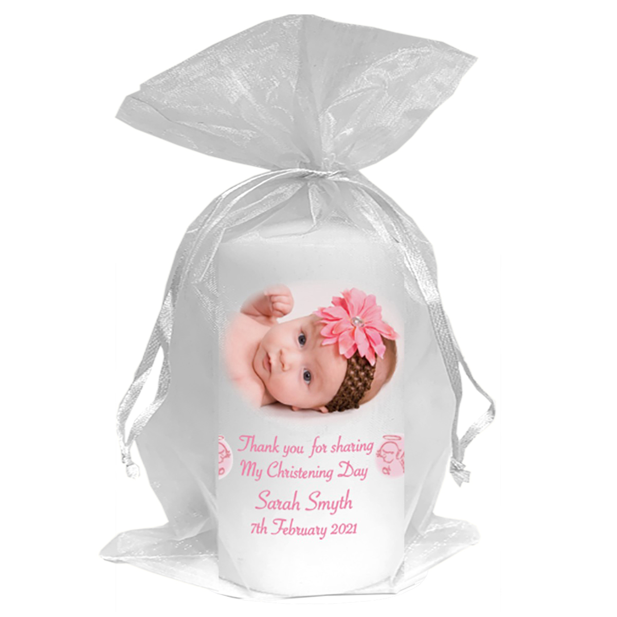 Customised Girls Christening Candle - Angel Pink with Photo