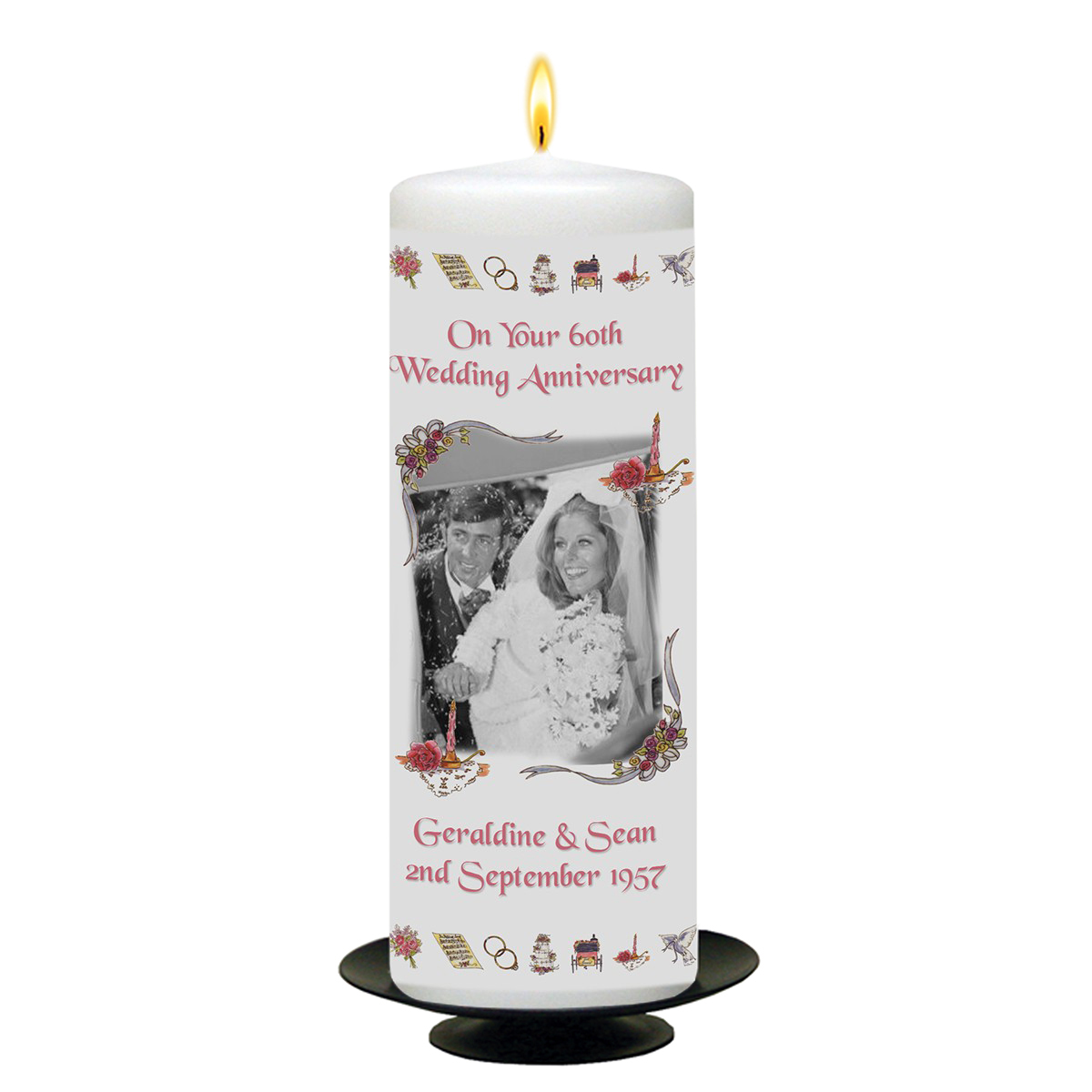 Customised Wedding Anniversary Candle Gift - 60th (Diamond) Anniversary - Ribbons