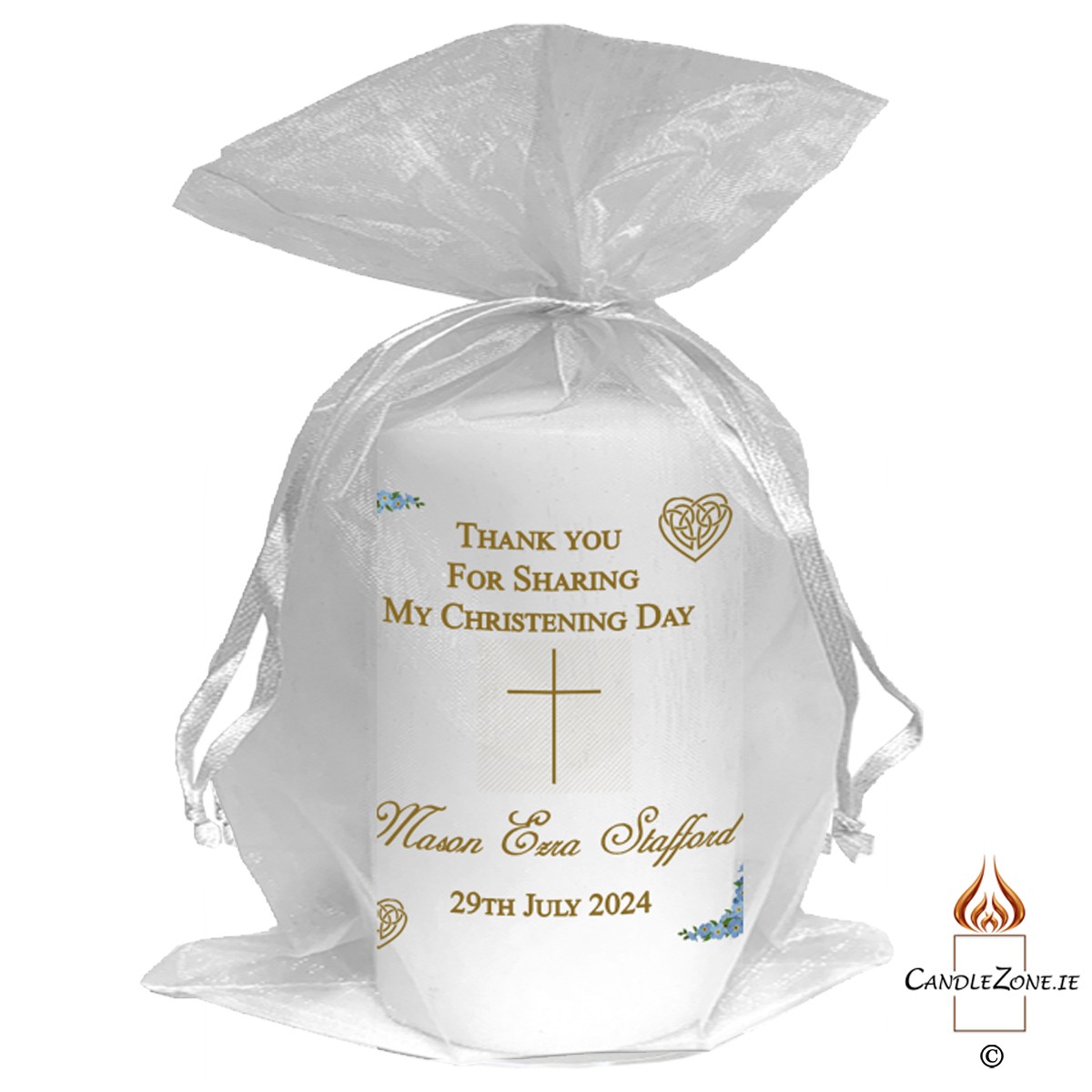 Thank you Christening Favour - Mothers Love Knot Blue Flowers & Cross