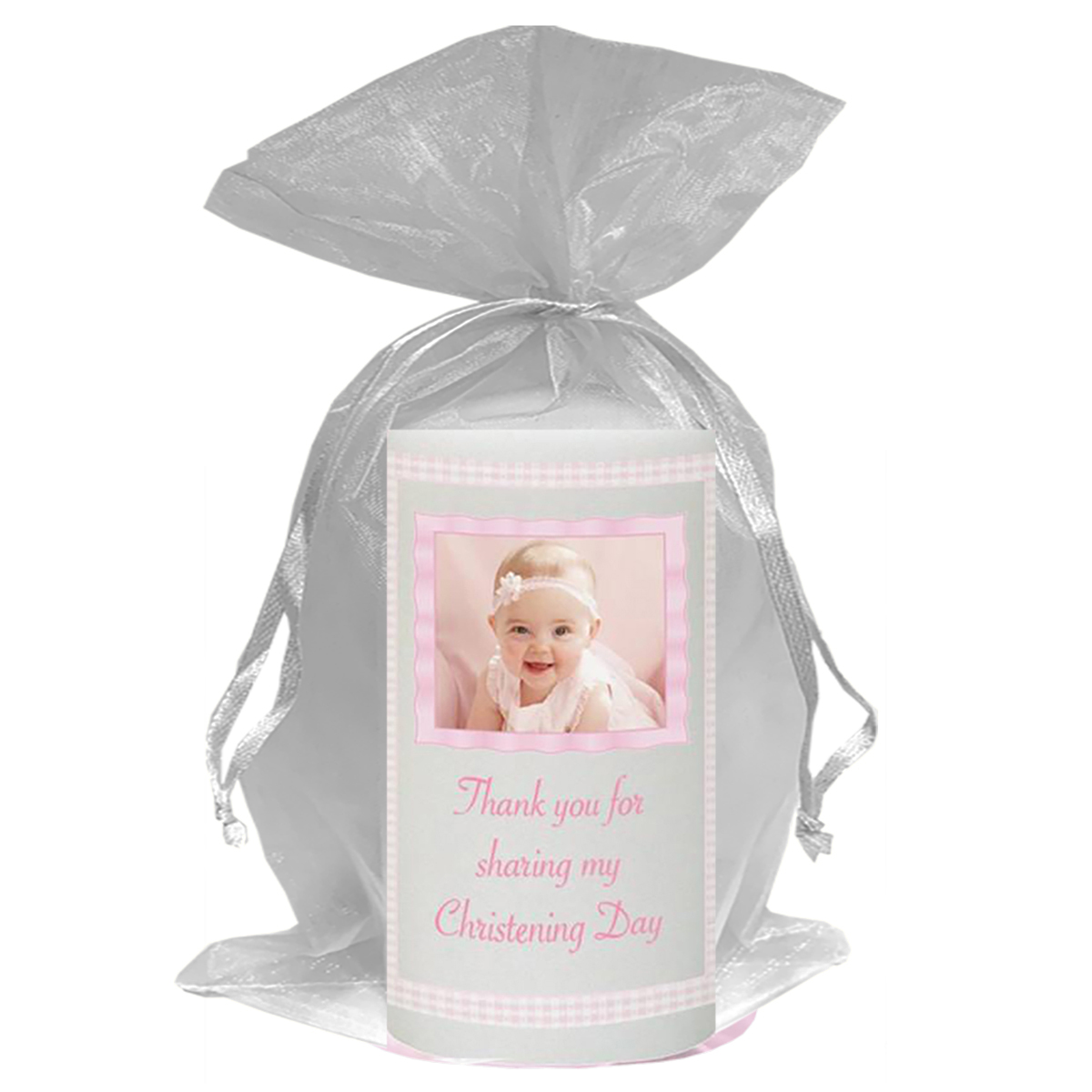 Customised Girls Christening Candle - Gingham Frame Pink with Photo