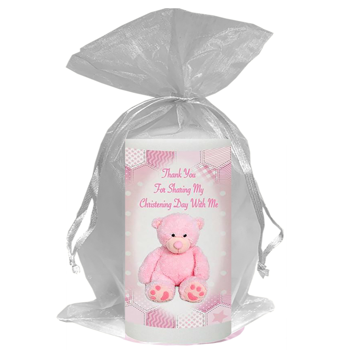 Customised Girls Christening Candle - Dots & Ribbons Pink Teddy