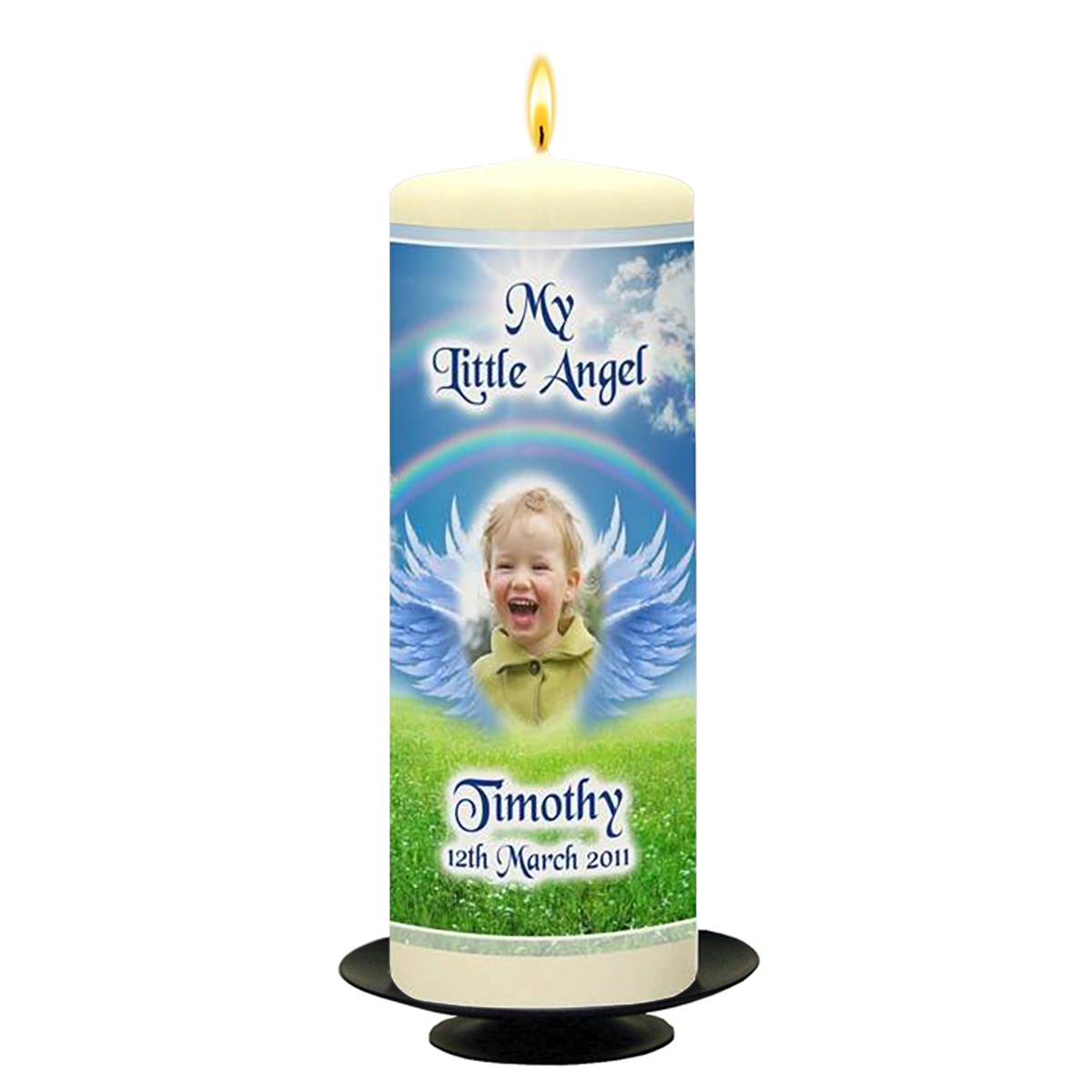 Customised Remembrance Candle - Angel Wings Blue with Photo
