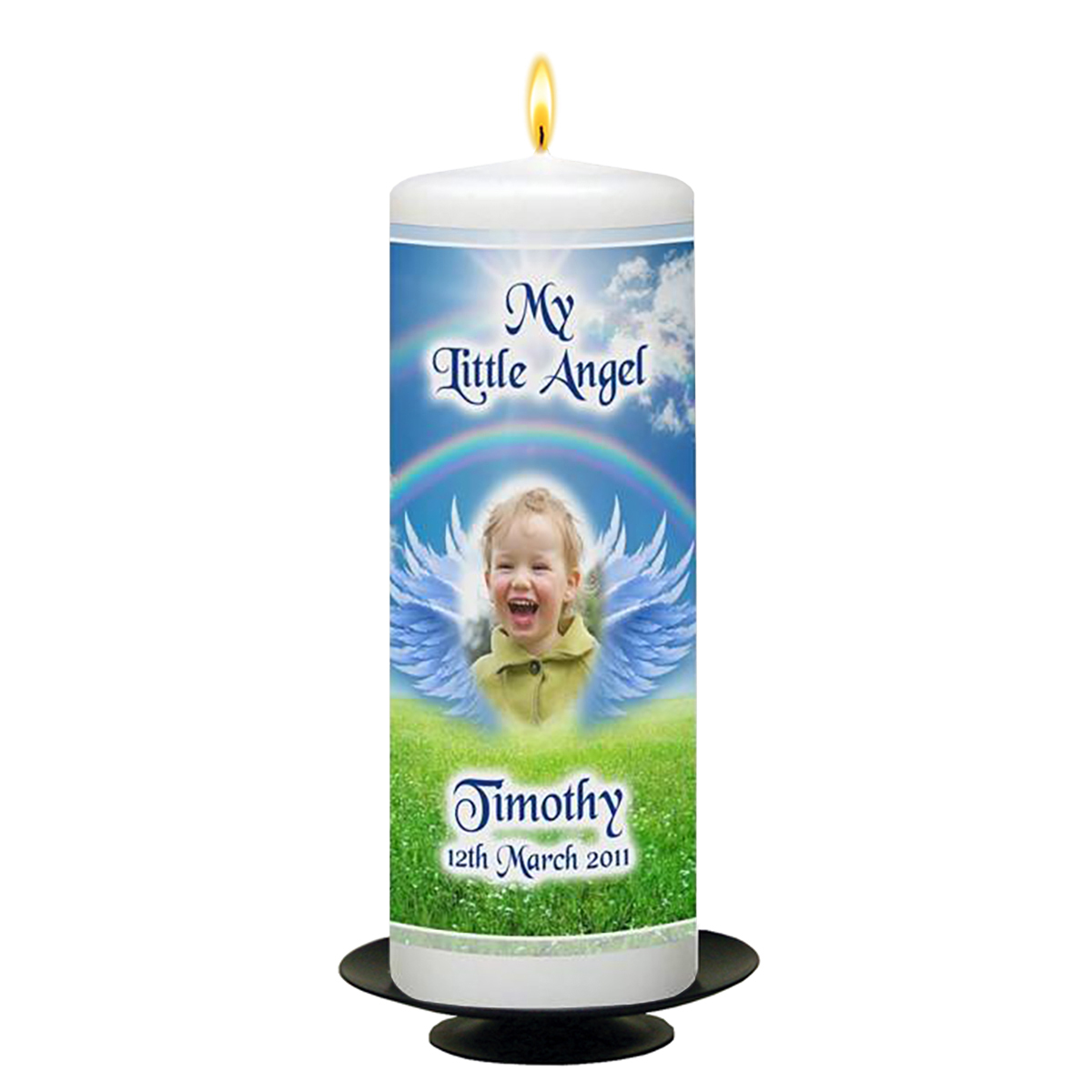Customised Remembrance Candle - Angel Wings Blue with Photo