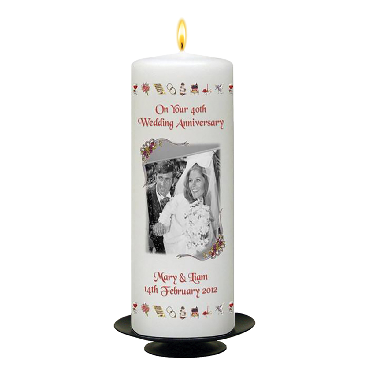Customised Wedding Anniversary Candle Gift - 40th (Ruby) Anniversary - Ribbons & Photo