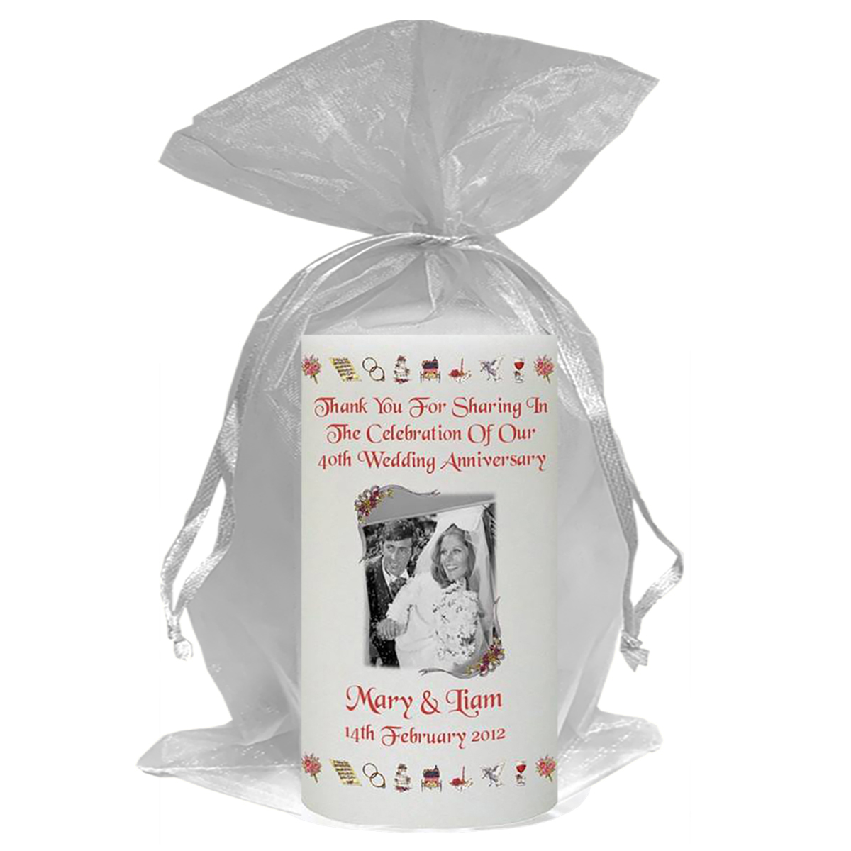 Customised Wedding Anniversary Candle Gift - 40th (Ruby) Anniversary - Ribbons & Photo