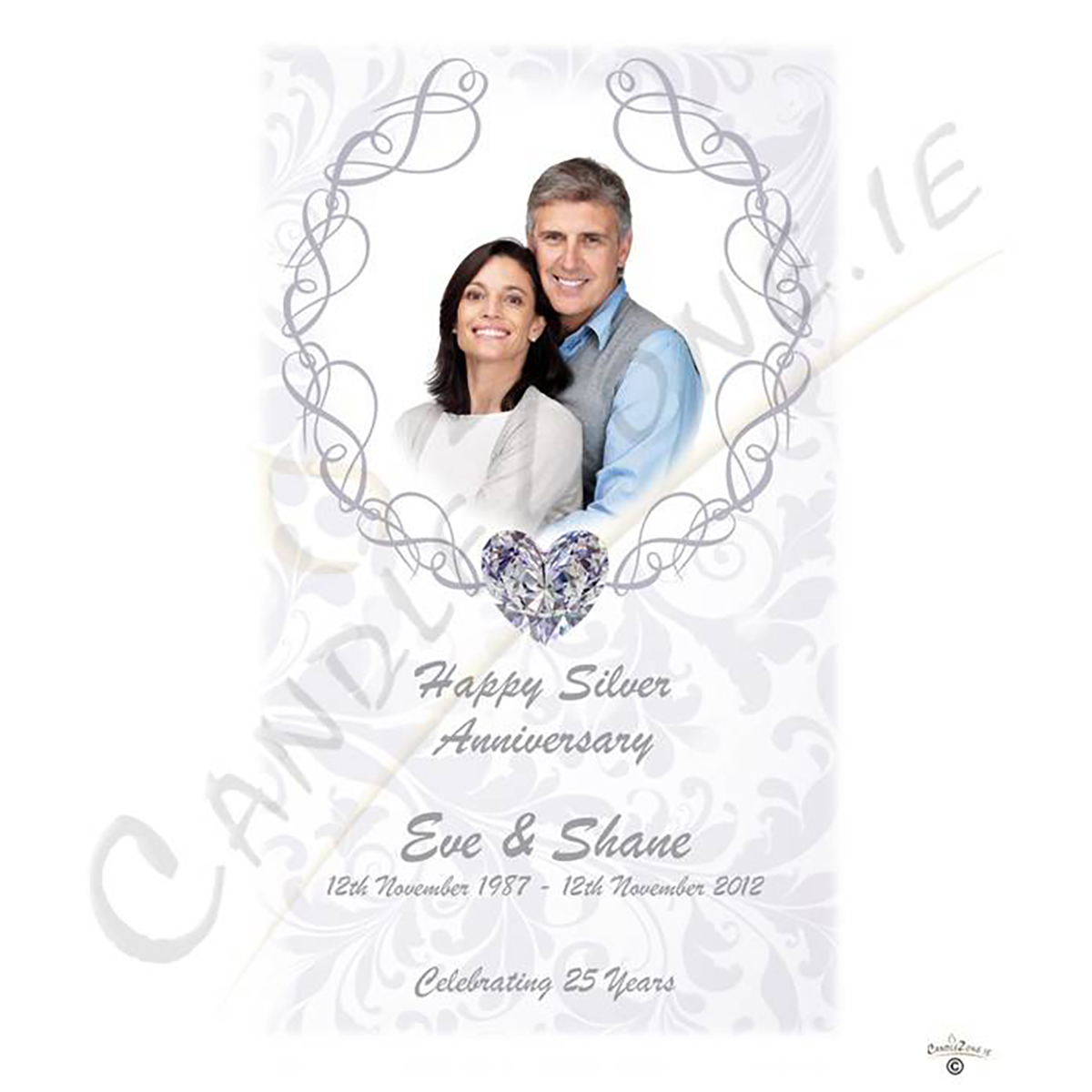 Customised Wedding Anniversary Candle Gift - 25th (Silver) Anniversary - Love Heart Gem & Photo