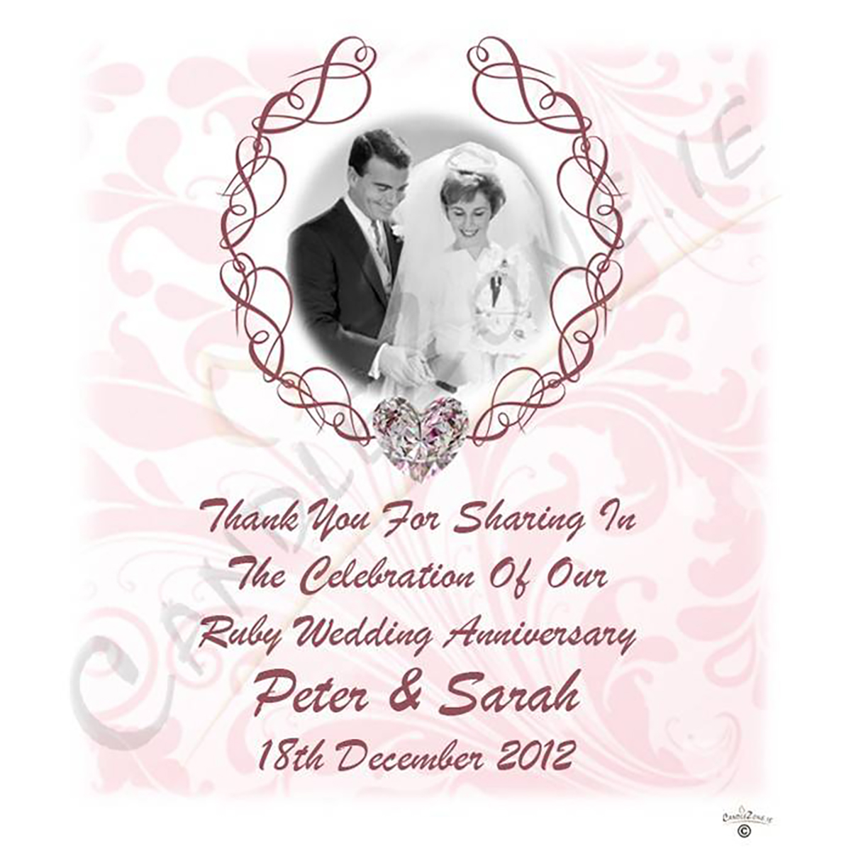Customised Wedding Anniversary Favour Candle - 40th Anniversary - Love Heart Gem & Photo