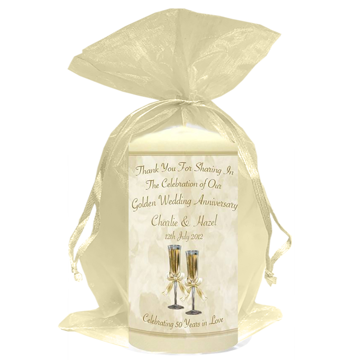 Customised Wedding Anniversary Favour Candle - 50th Anniversary - Champagne Glasses
